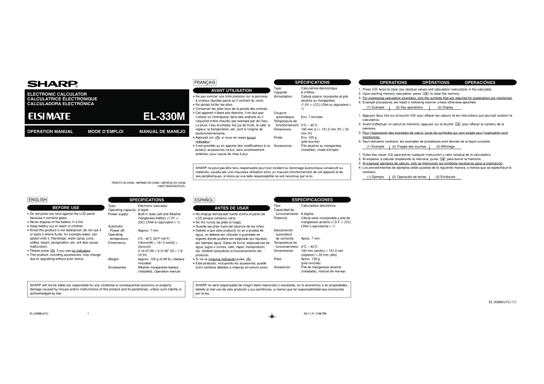 Sharp EL-330M operation manual Spécifications, Avant Utilisation, Operations Opérations Operaciónes, Before USE 