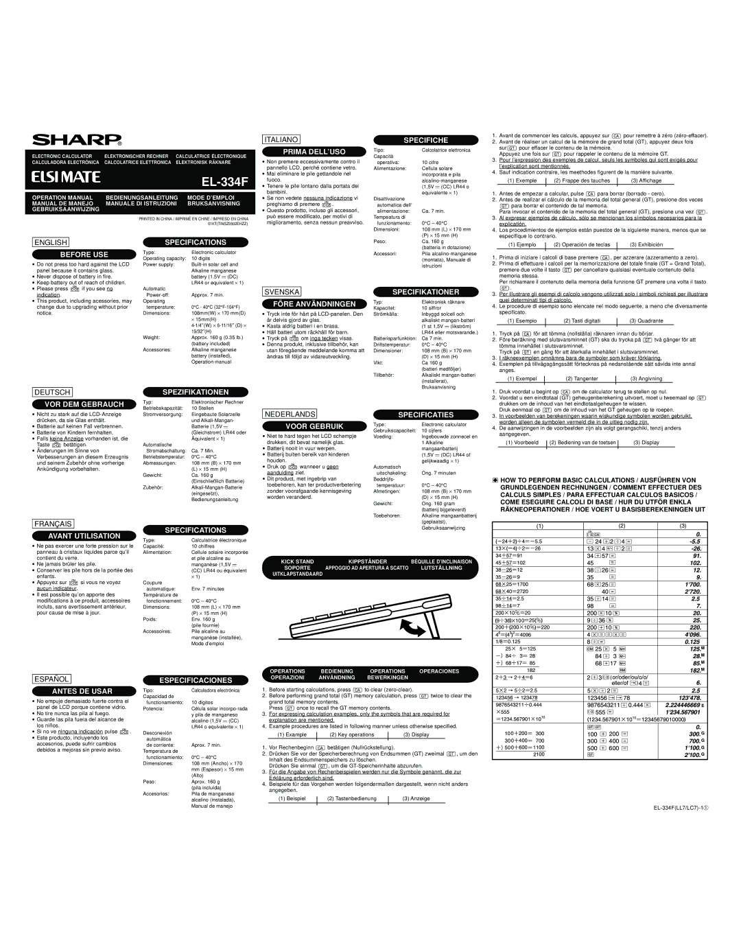 Sharp EL-334F specifications Specifications, Before USE, Prima DELL’USO, Specifiche, Före Användningen, Specifikationer 