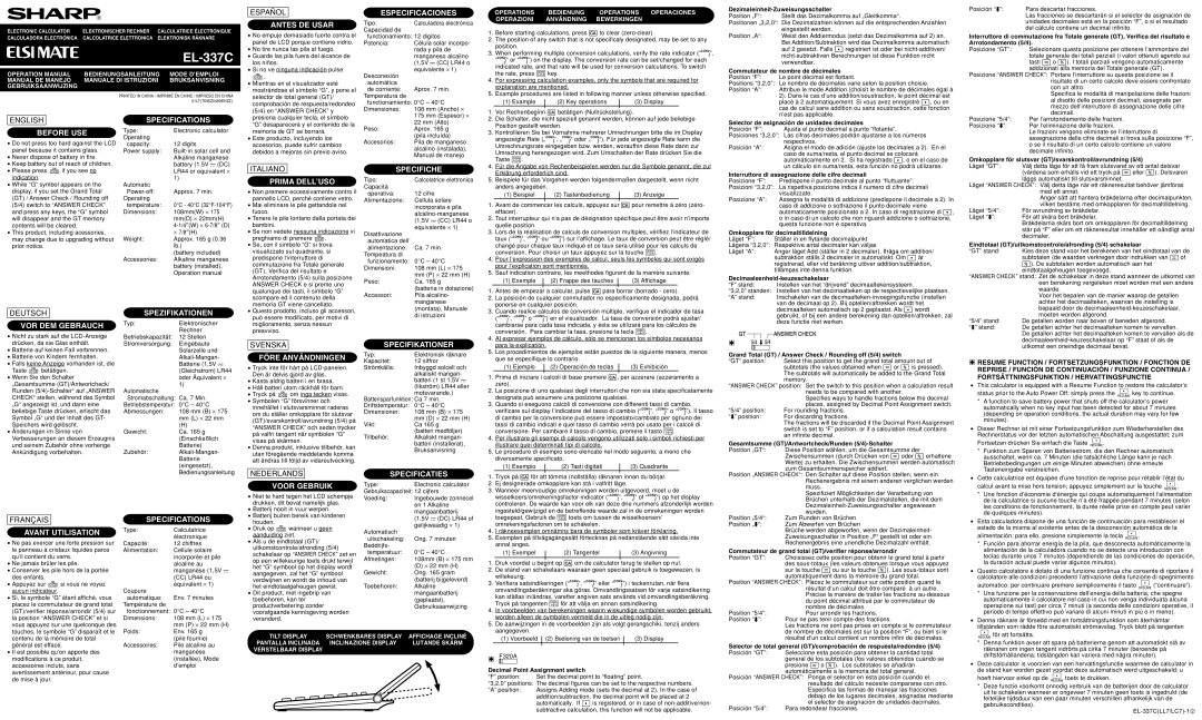 Sharp EL-337C specifications Antes DE Usar, Especificaciones, Before USE, Specifications, Prima DELL’USO, Specifiche 