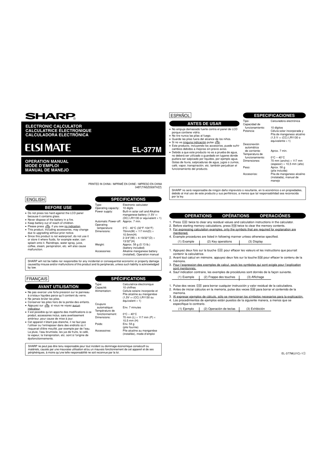 Sharp EL-377M specifications Mode D’EMPLOI Manual DE Manejo, Antes DE Usar, Especificaciones, Before USE, Specifications 