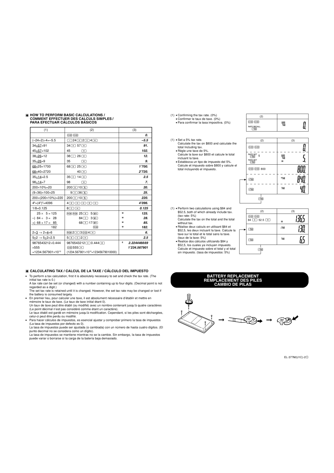 Sharp EL-377M specifications Battery Replacement Remplacement DES Piles Cambio DE Pilas 