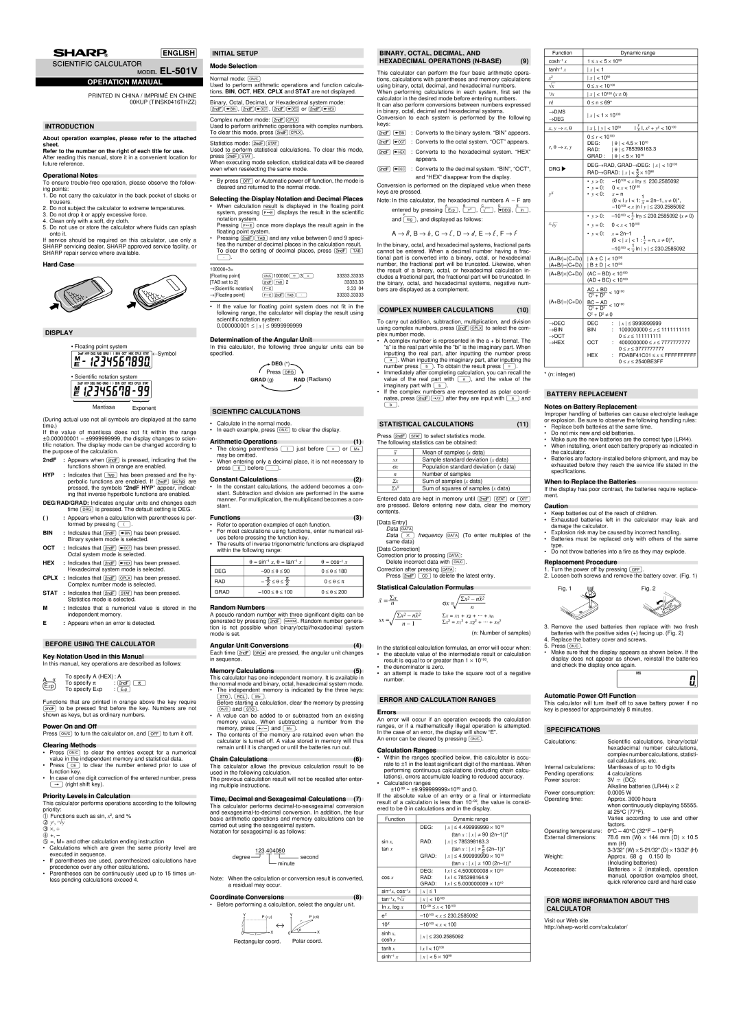 Sharp K0416T specifications Introduction, Display, Initial Setup, Scientific Calculations, Complex Number Calculations 