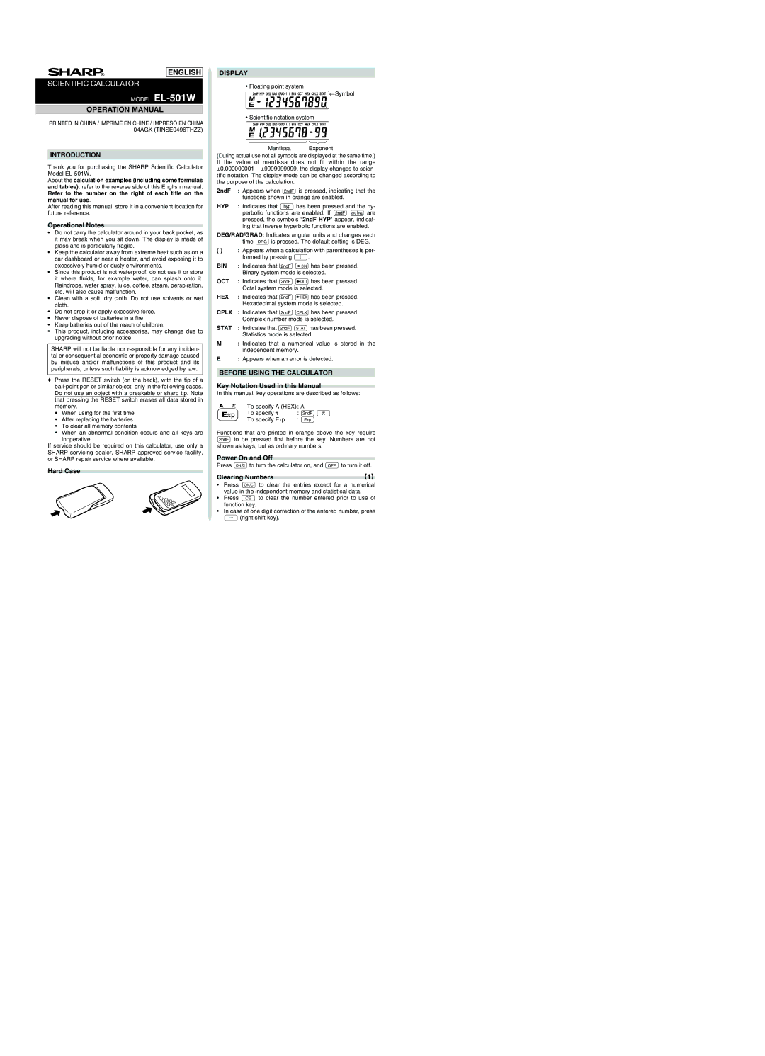 Sharp EL501WBBK, EL-501W operation manual Introduction, Display, Before Using the Calculator 