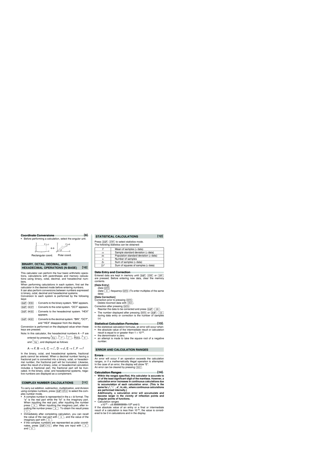 Sharp EL501WBBK, EL-501W operation manual BINARY, OCTAL, DECIMAL, Hexadecimal Operations N-BASE, Complex Number Calculations 