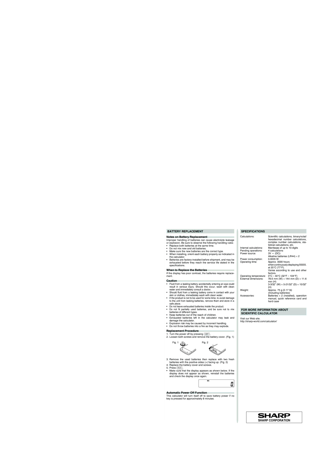 Sharp EL-501W, EL501WBBK Battery Replacement, Specifications, For More Information about Scientific Calculator 