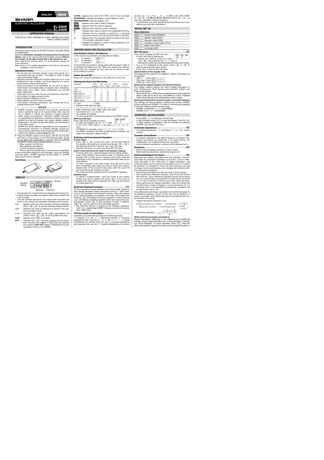 Sharp EL-506W specifications Introduction, Before Using the Calculator, Initial SET UP, Scientific Calculations, Display 