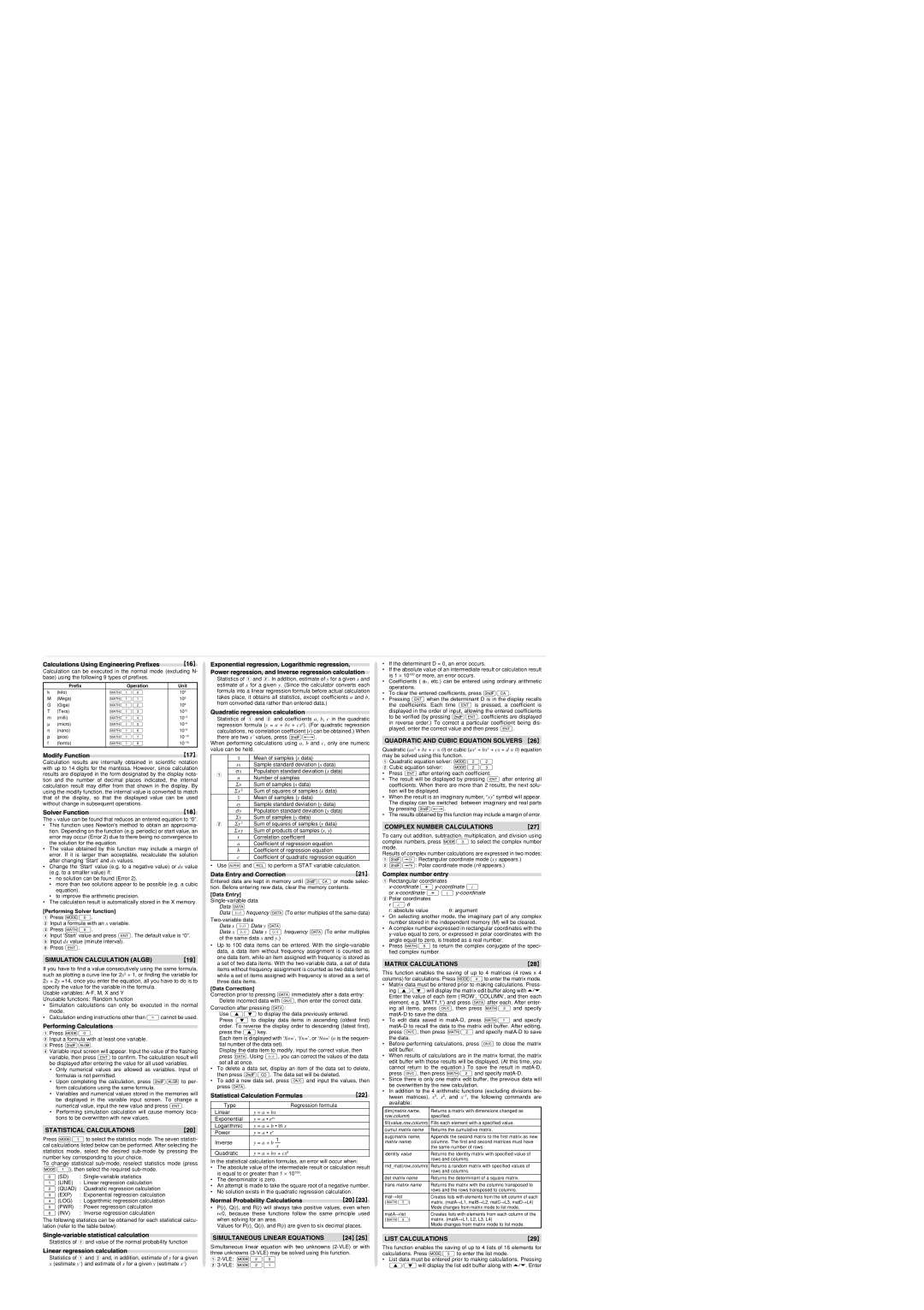 Sharp EL-506W Simulation Calculation Algb, Statistical Calculations, Simultaneous Linear Equations, Matrix Calculations 