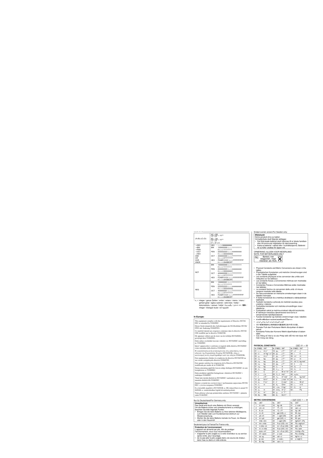 Sharp EL-506W specifications Europe, Physical Constants, Metric Conversions 