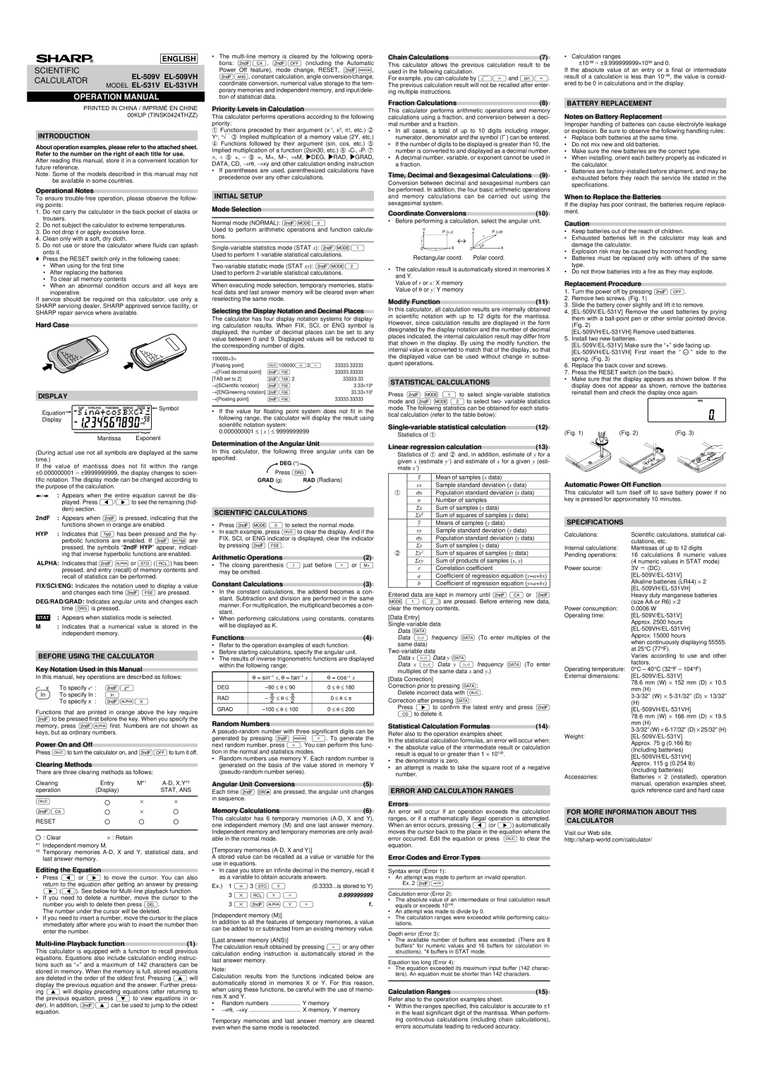 Sharp EL-509V specifications Model EL-531V, Introduction, Display, Before Using the Calculator, Initial Setup 