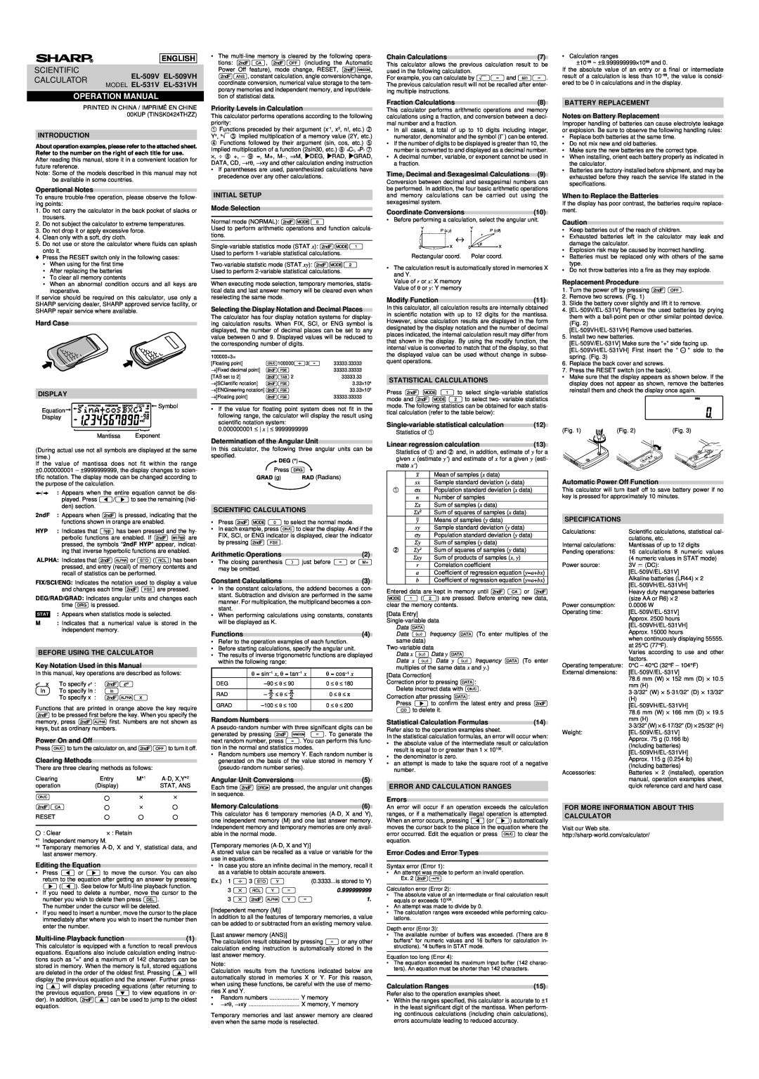 Sharp EL-509V specifications Scientific, Calculator, Operation Manual, English 