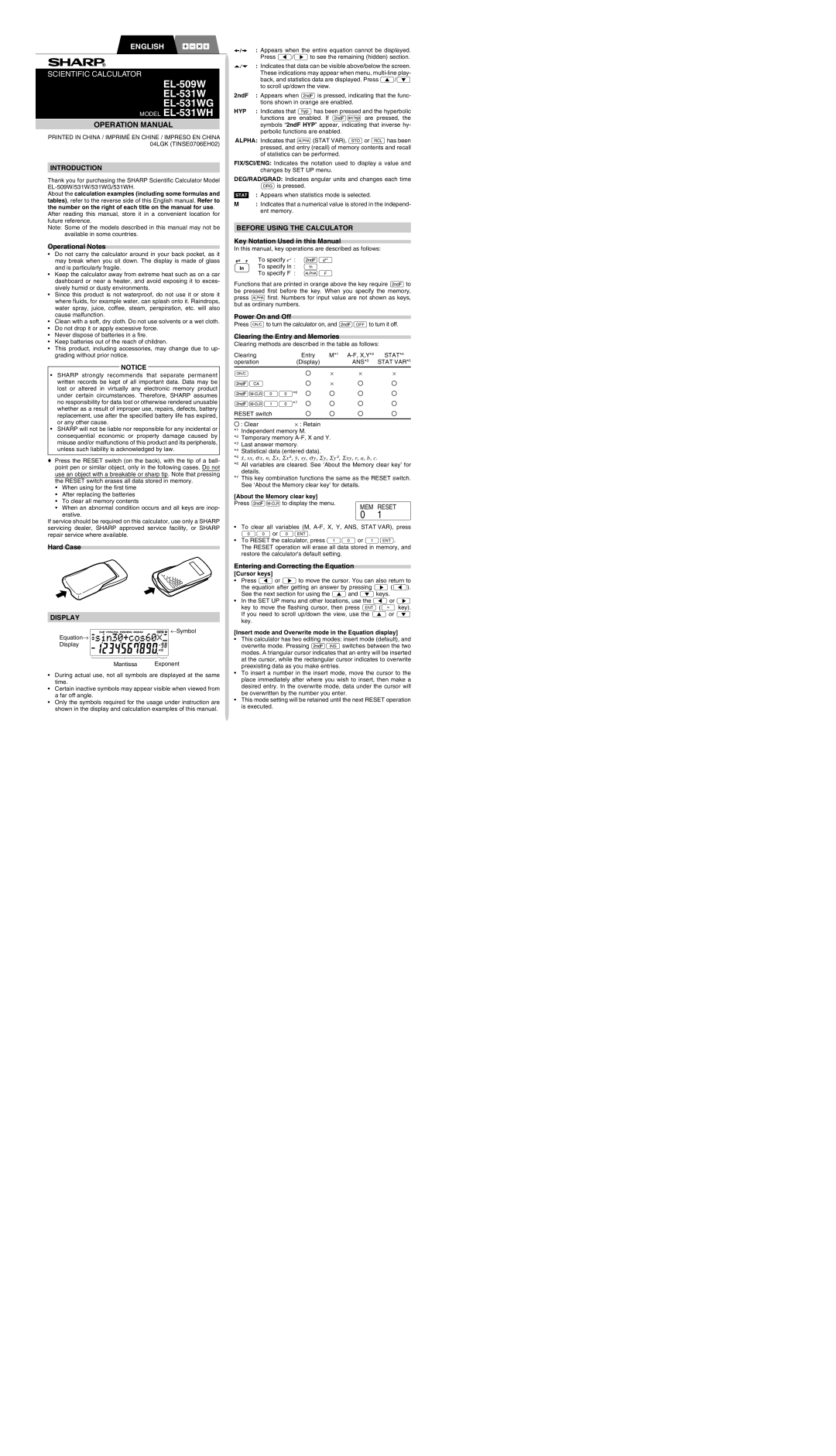 Sharp EL-509W, EL-531WH, EL-531WG operation manual Introduction, Display, Before Using the Calculator 