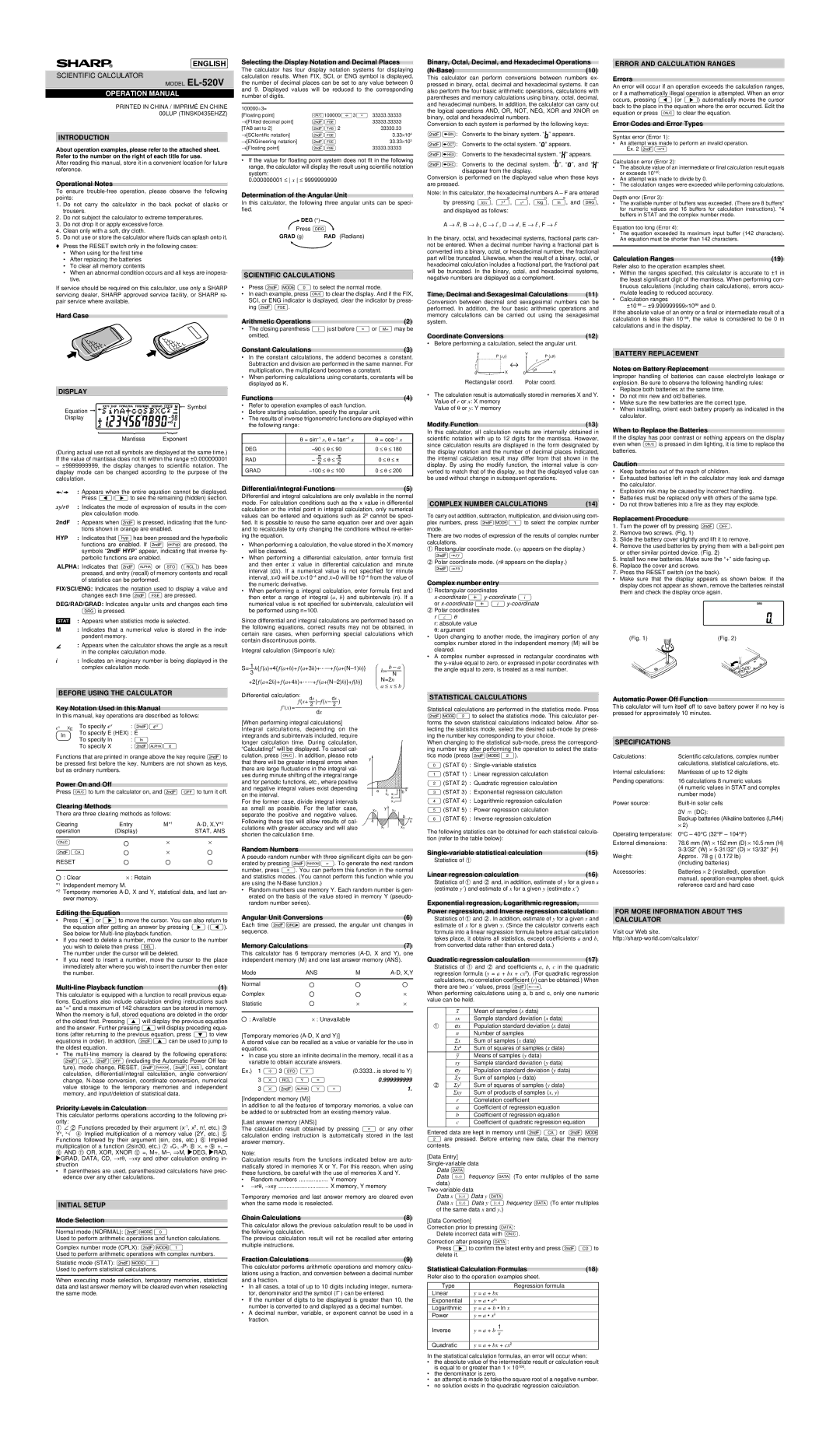 Sharp EL-520V specifications Introduction, Display, Scientific Calculations, Complex Number Calculations, Specifications 