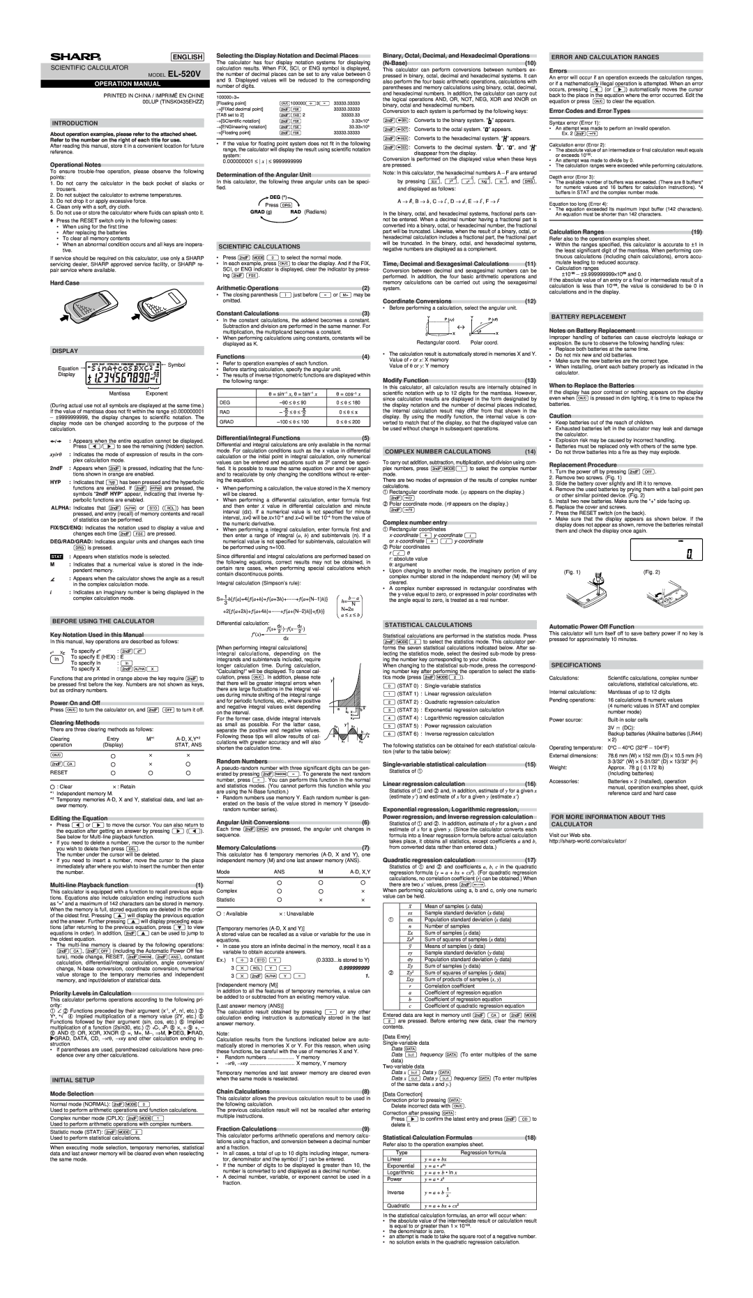 Sharp specifications MODEL EL-520V, English, Operation Manual 