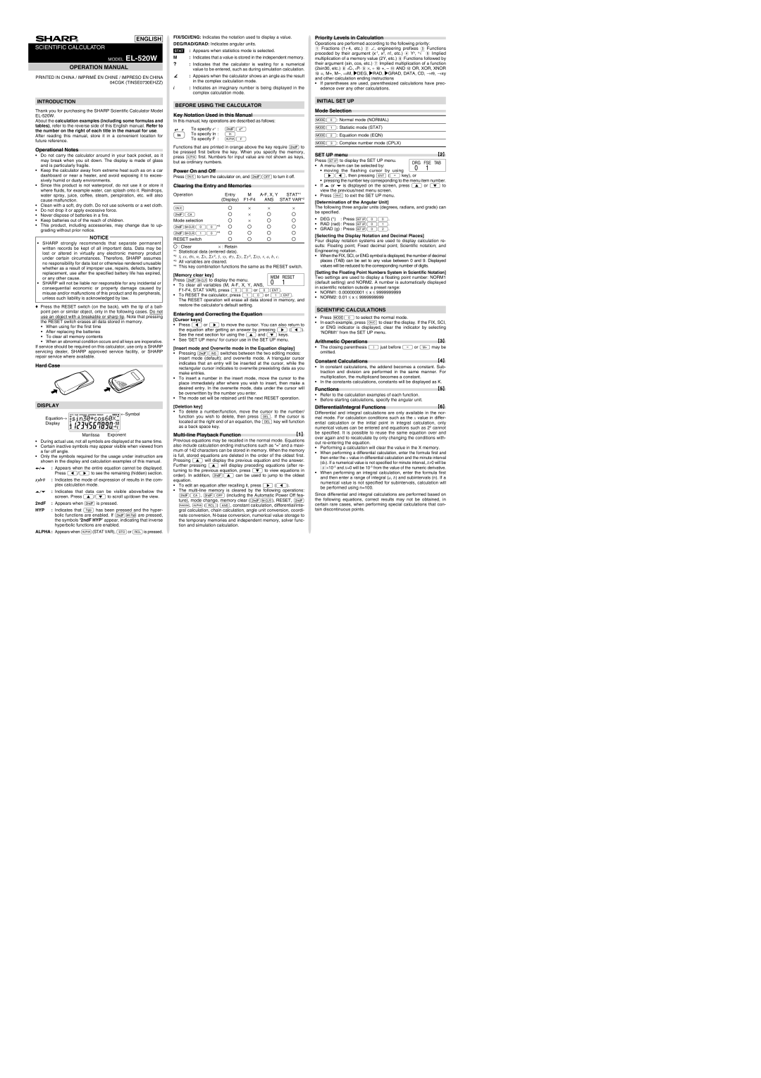 Sharp EL-520W operation manual Introduction, Before Using the Calculator, Initial SET UP, Scientific Calculations, Display 