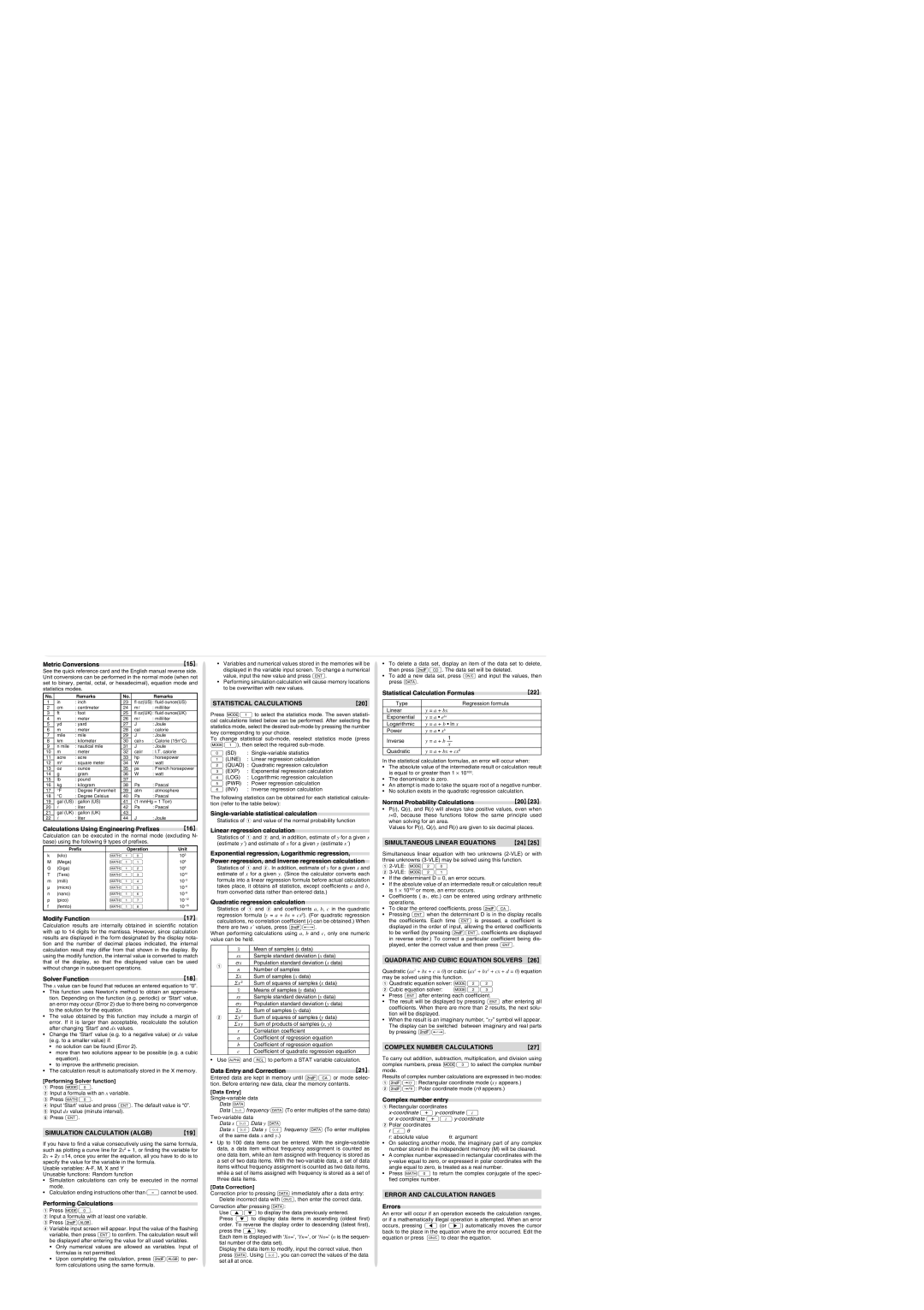 Sharp EL-520W operation manual Simulation Calculation Algb, Statistical Calculations, Simultaneous Linear Equations 