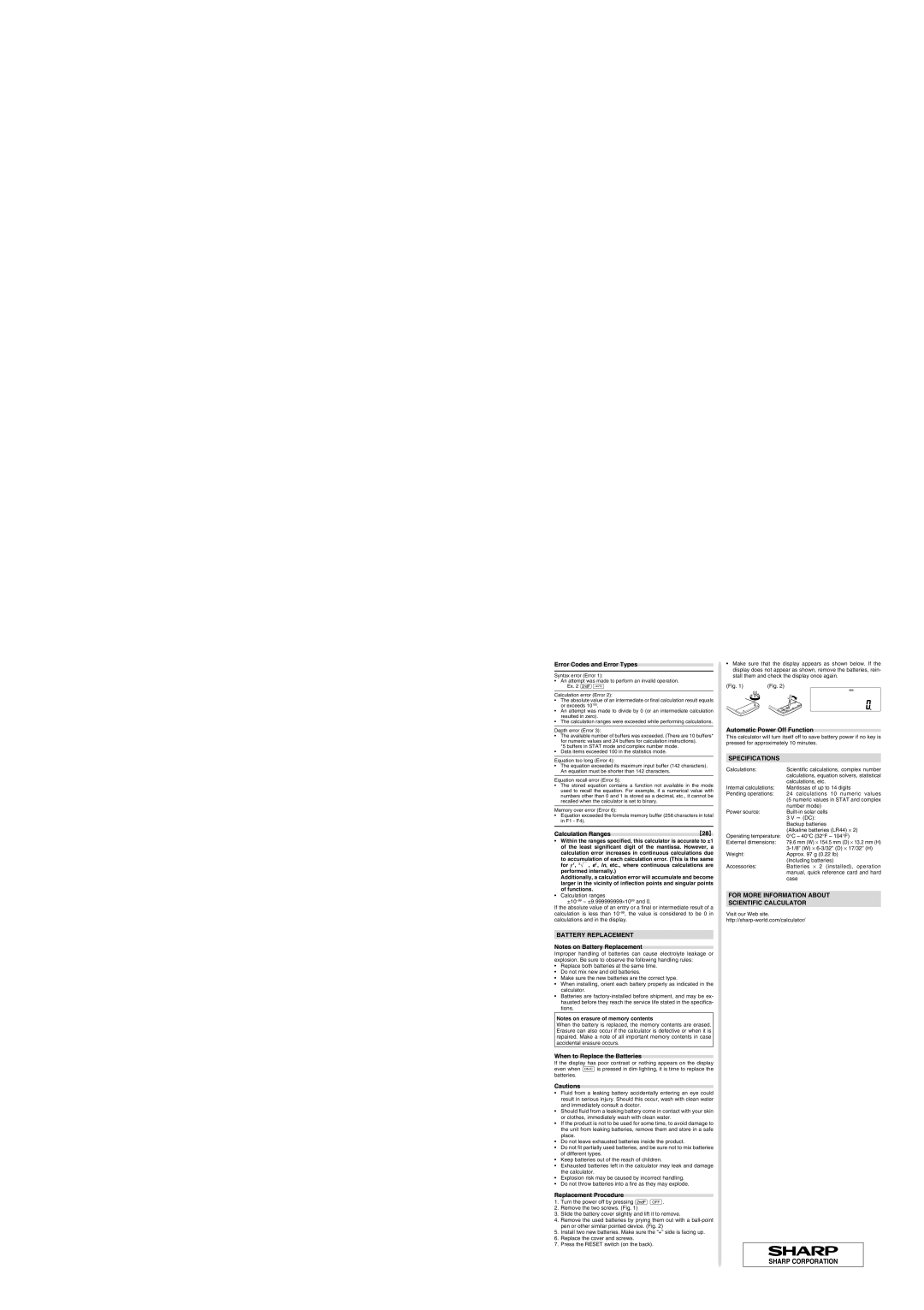 Sharp EL-520W operation manual Battery Replacement, Specifications, For More Information about Scientific Calculator 