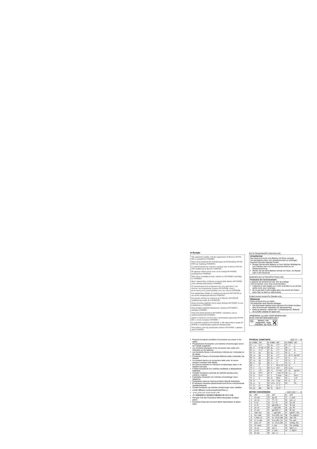 Sharp EL-520W operation manual Europe, Physical Constants, Metric Conversions 