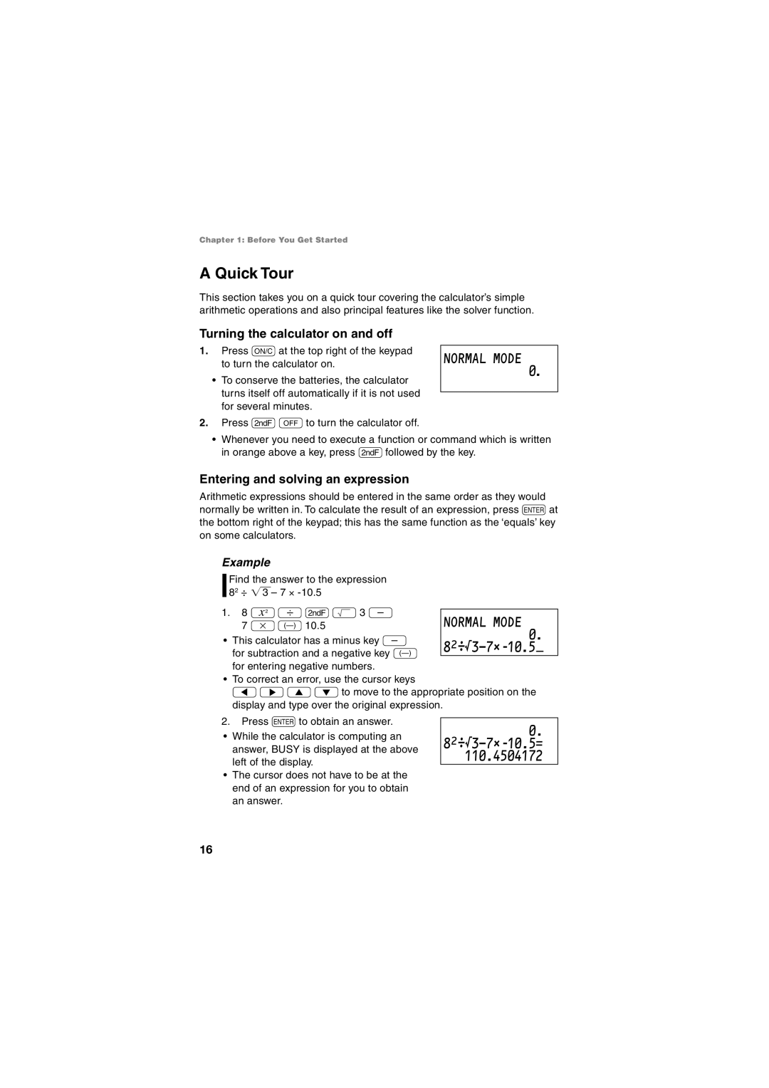 Sharp EL-5250, EL-5230 operation manual Quick Tour, Turning the calculator on and off, Entering and solving an expression 