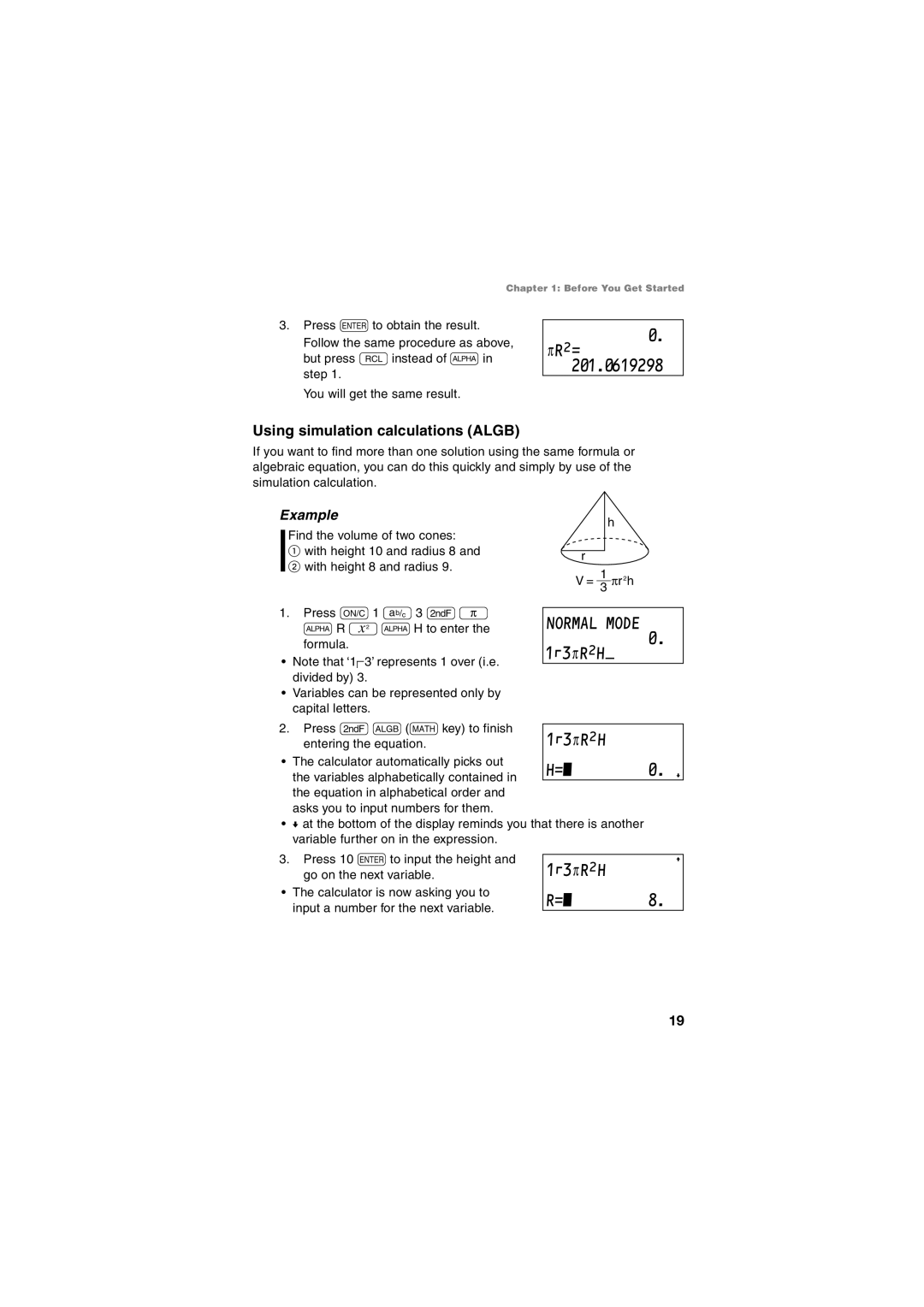 Sharp EL-5230, EL-5250 operation manual ΠRŒ= 201.0619298, Normal Mode, 1ı3πRŒH, Using simulation calculations Algb 