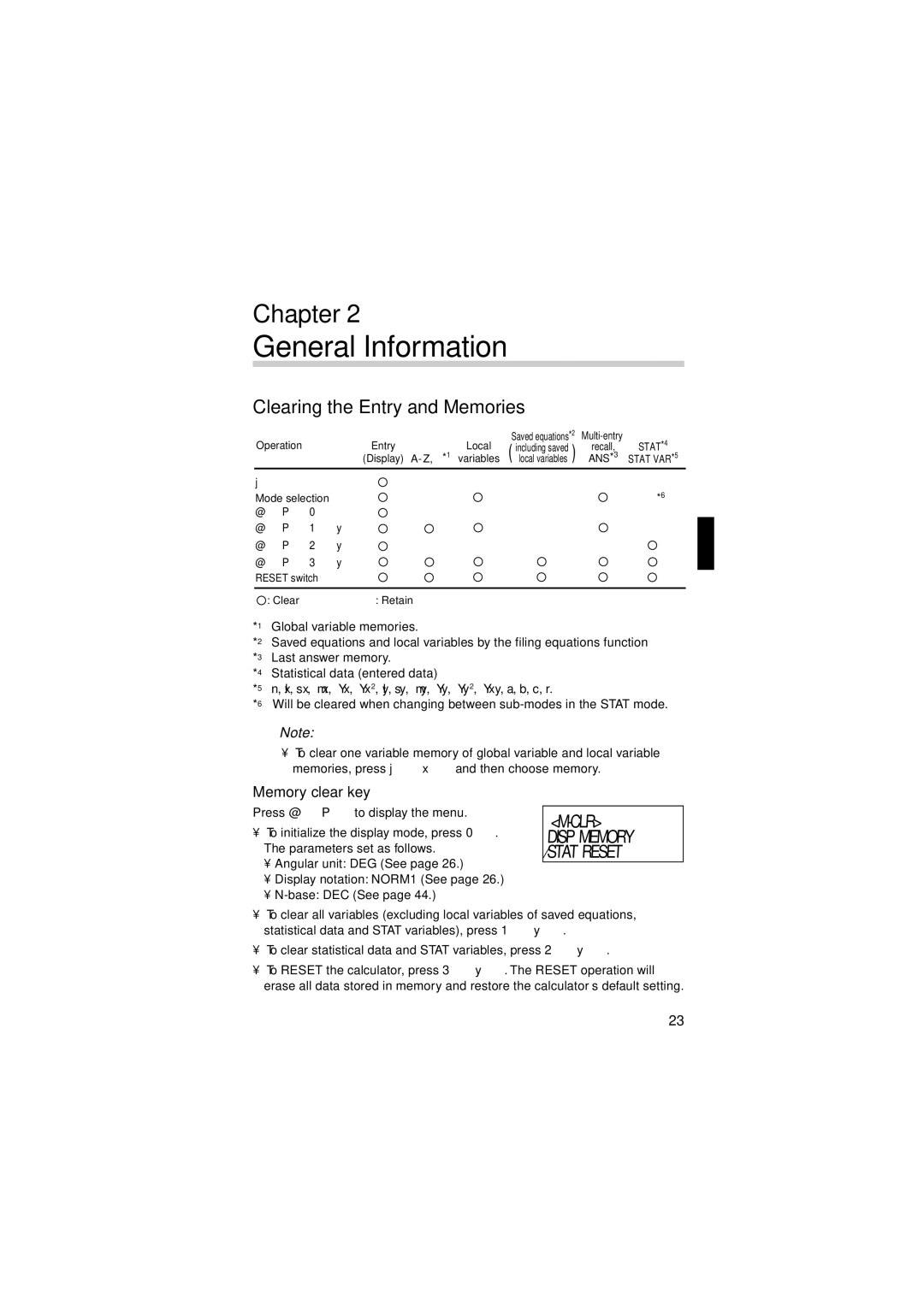 Sharp EL-5230, EL-5250 operation manual General Information, Clearing the Entry and Memories, ¤Stat ‹Reset, Memory clear key 