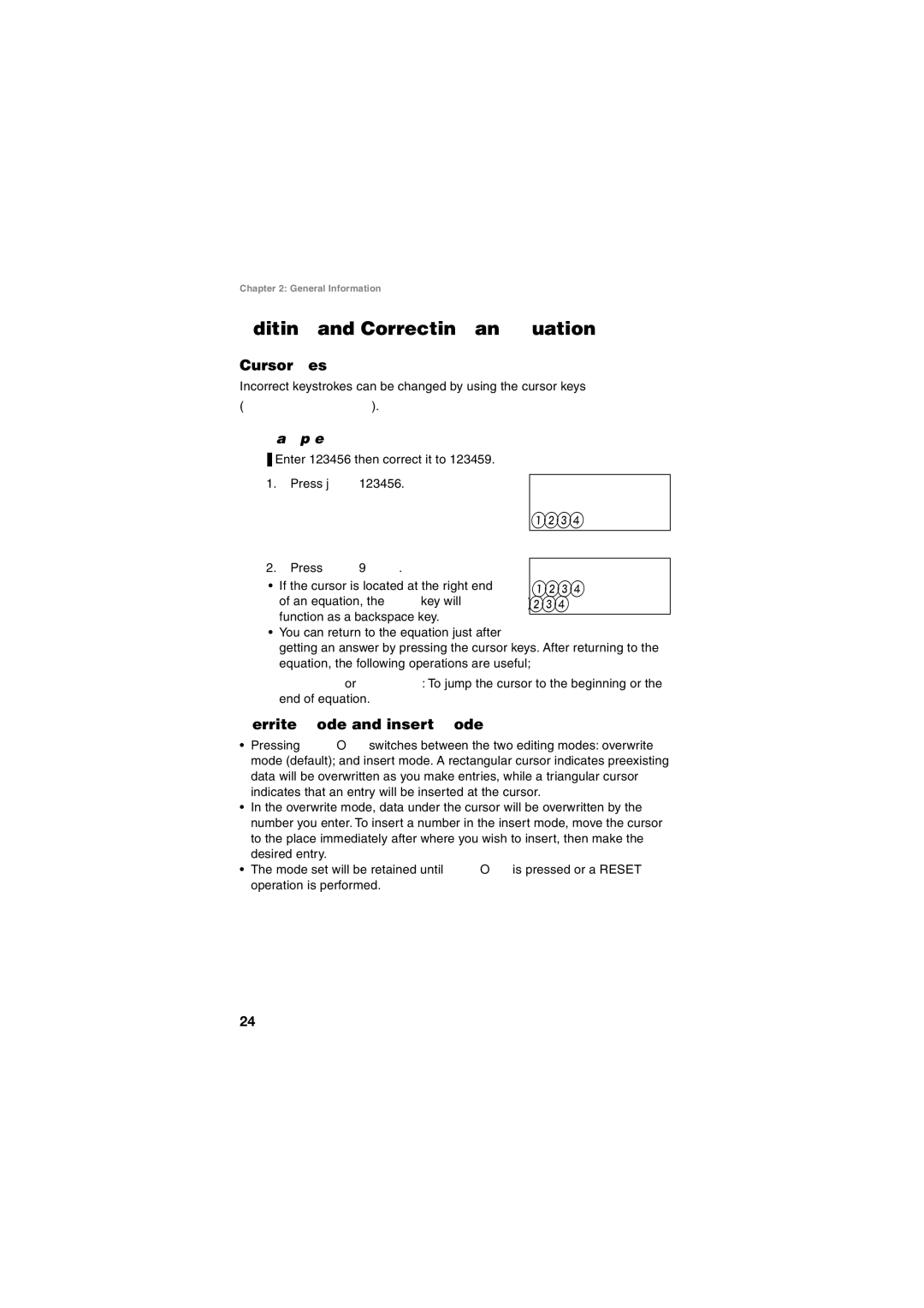 Sharp EL-5250, EL-5230 Editing and Correcting an Equation, 123456, Cursor keys, Overwrite mode and insert mode 