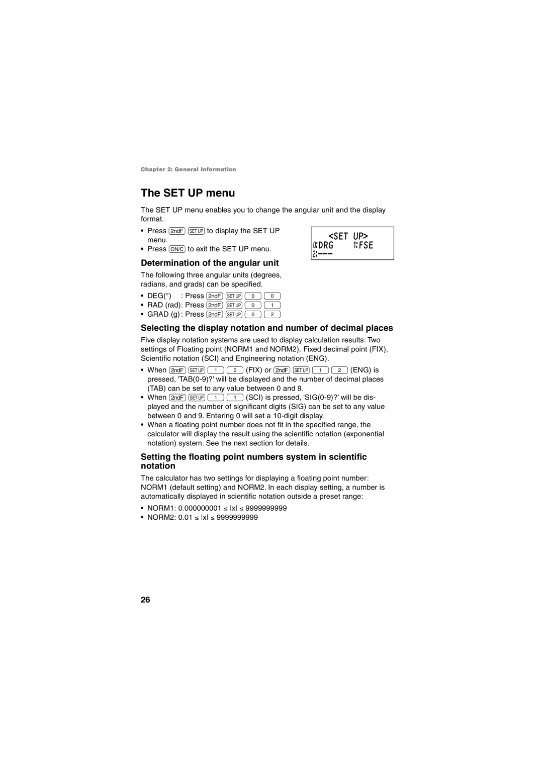 Sharp EL-5250, EL-5230 operation manual SET UP menu, Set Up, Ƒdrg ⁄Fse ¤, Determination of the angular unit 