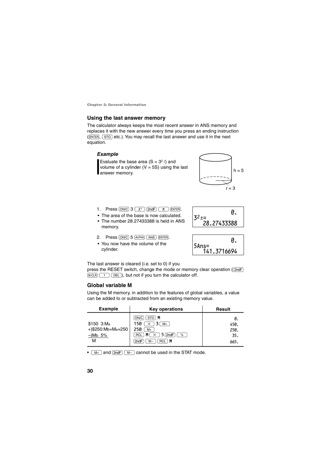 Sharp EL-5250, EL-5230 operation manual 3Œπ= 28.27433388 5Ans= 141.3716694, Using the last answer memory, Global variable M 