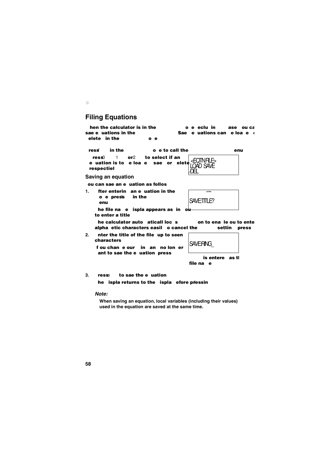 Sharp EL-5250, EL-5230 Filing Equations, Eqtn File ƒLOAD ⁄SAVE ¤DEL, Savetitle?, Savering, Saving an equation 