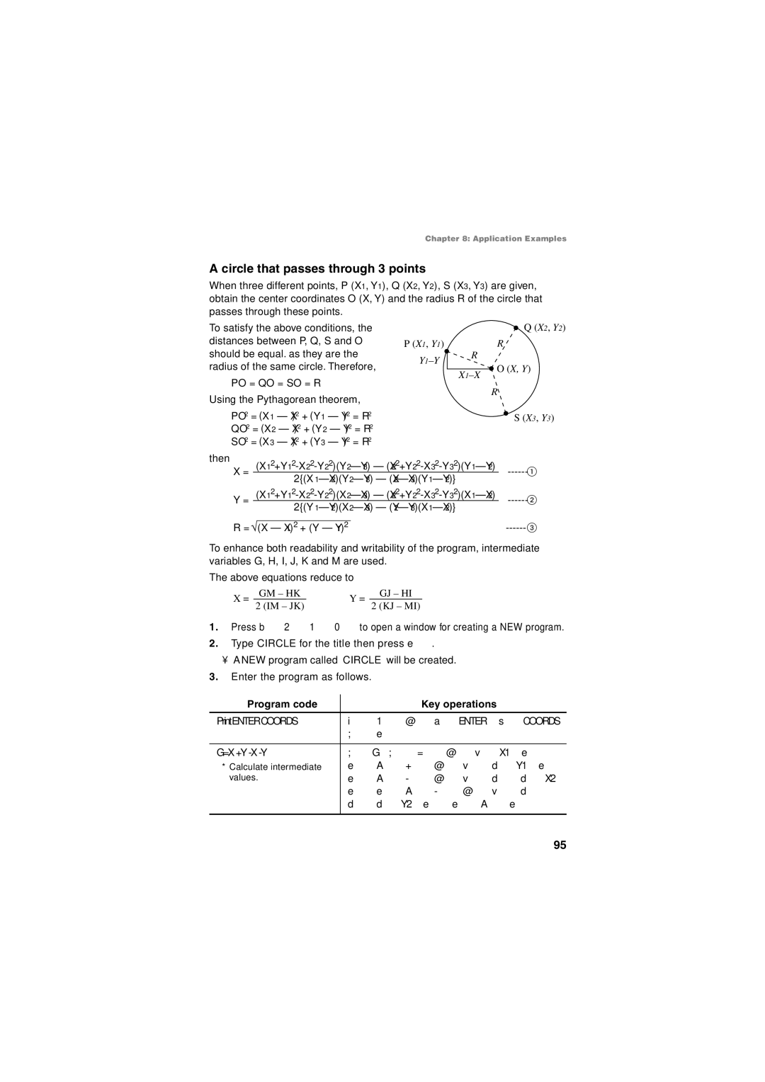 Sharp EL-5230, EL-5250 operation manual Circle that passes through 3 points, Using the Pythagorean theorem 