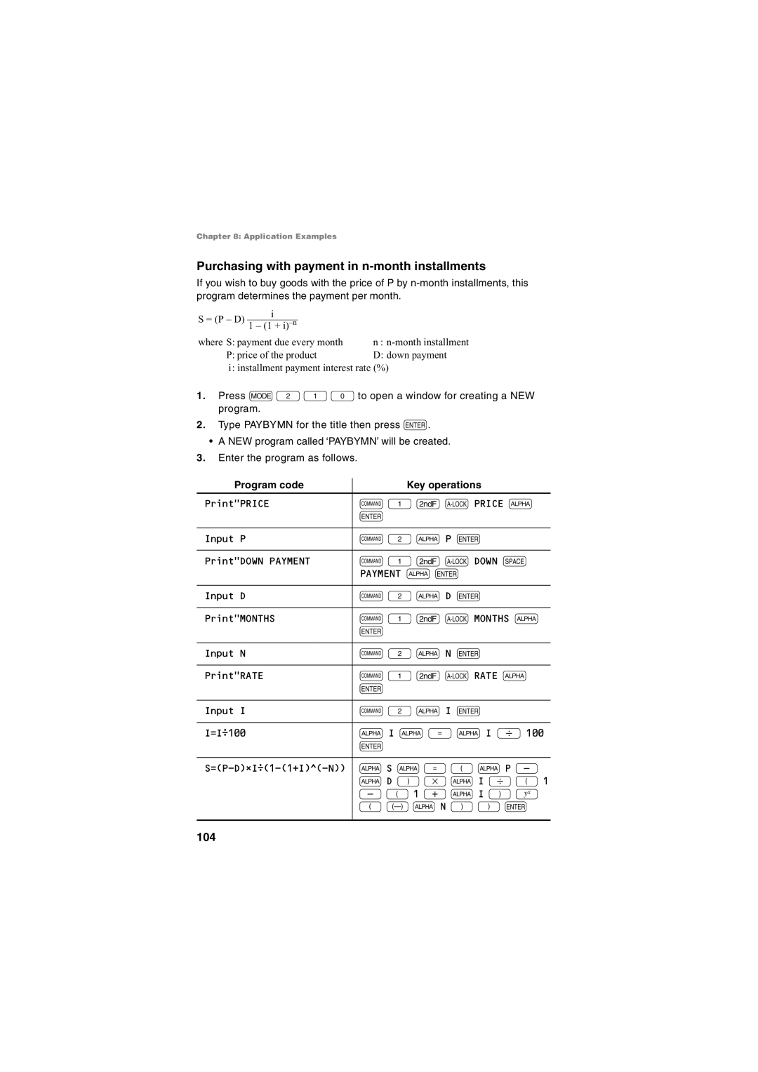 Sharp EL-5250, EL-5230 operation manual Purchasing with payment in n-month installments, 104 