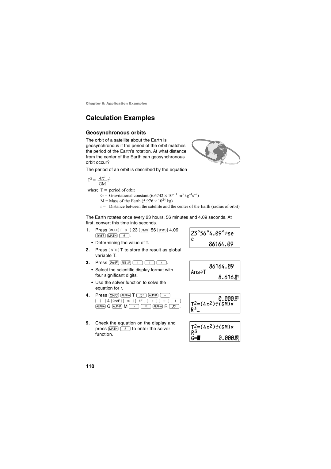 Sharp EL-5250, EL-5230 operation manual Calculation Examples, 23∂56∂4.09∂Ωse 86164.09 AnsÒT, Geosynchronous orbits 