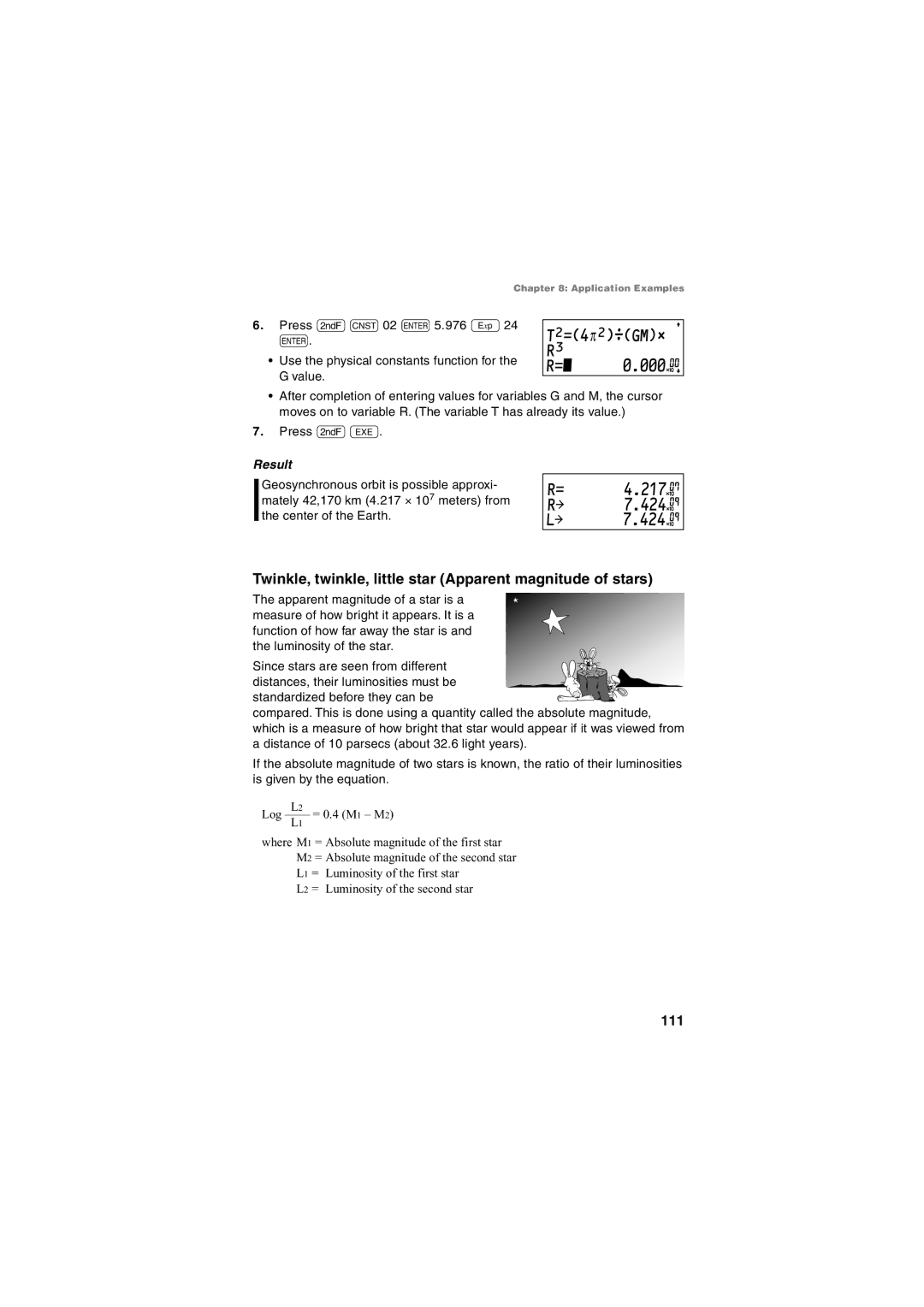 Sharp EL-5230, EL-5250 operation manual 217, 424, Twinkle, twinkle, little star Apparent magnitude of stars 