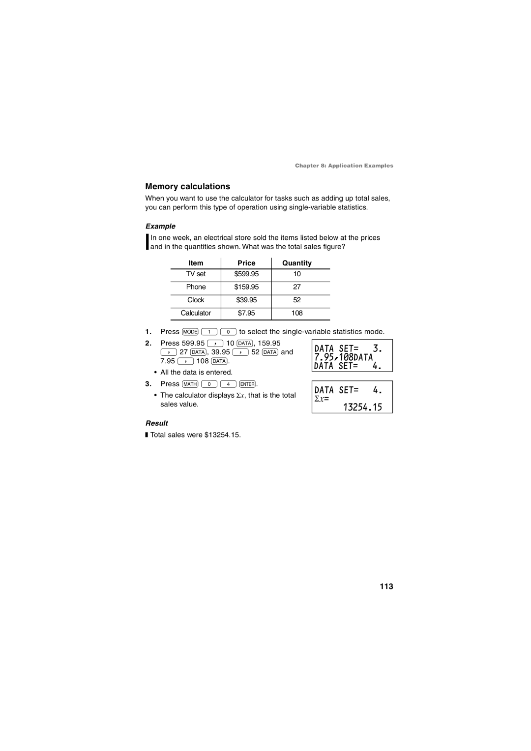 Sharp EL-5230, EL-5250 Data SET= 3 .95,108DATA Data SET= Data SET= 4. Í≈= 13254.15, Memory calculations, Price Quantity 