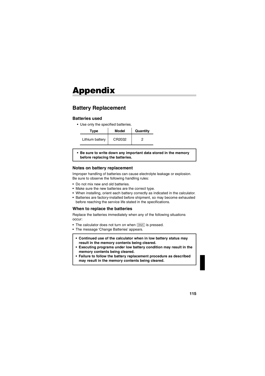 Sharp EL-5230, EL-5250 Appendix, Battery Replacement, Batteries used, When to replace the batteries, TypeModel Quantity 