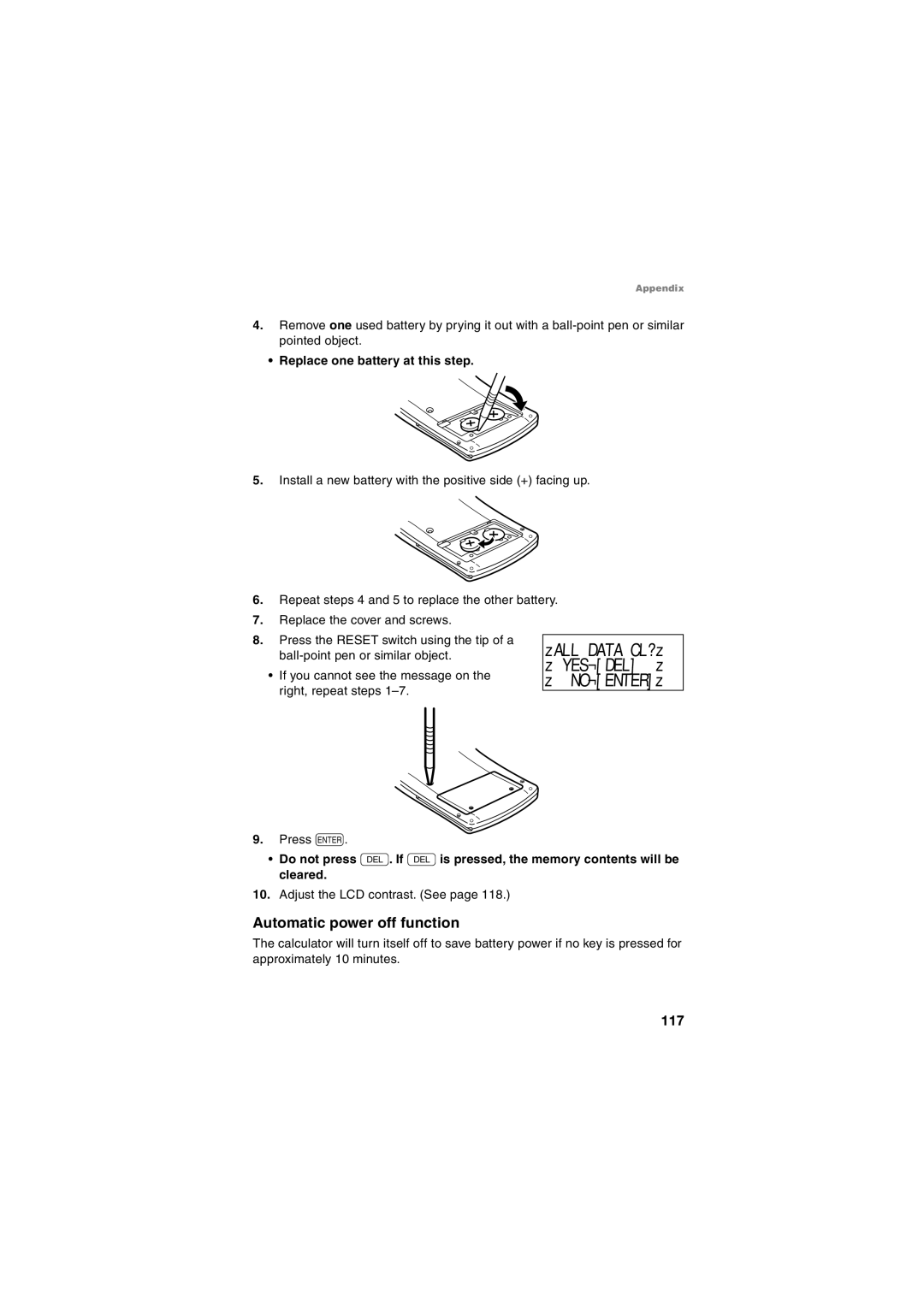 Sharp EL-5230 ZALL Data CL?z, YES¬DEL z, NO¬ENTERz, Automatic power off function, Replace one battery at this step 