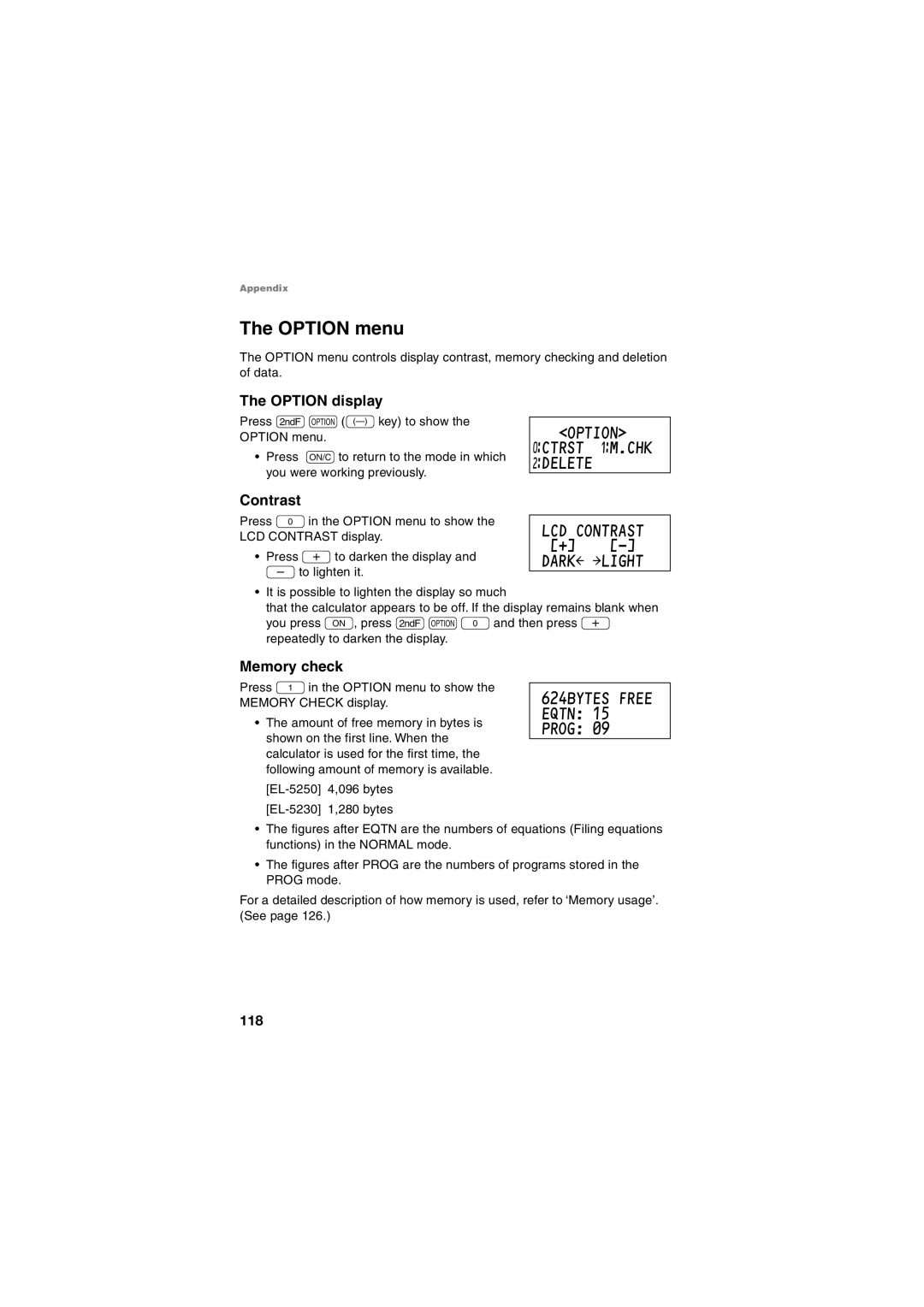 Sharp EL-5250, EL-5230 operation manual Option menu, ¤DELETE LCD Contrast Dark ¬LIGHT, Option display, Memory check 