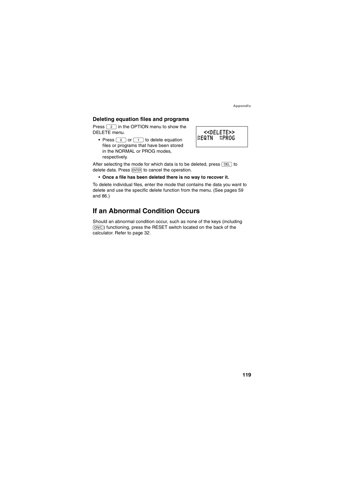 Sharp EL-5230, EL-5250 operation manual If an Abnormal Condition Occurs, Deleting equation files and programs 