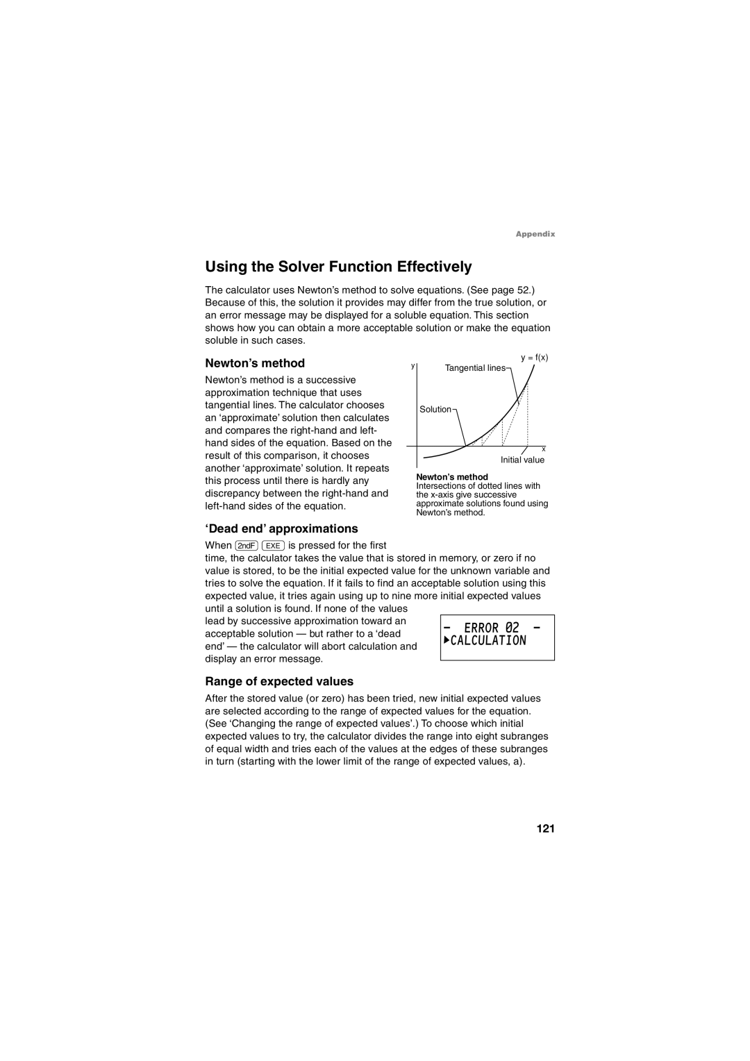 Sharp EL-5230 Using the Solver Function Effectively, Newton’s method, ‘Dead end’ approximations, Range of expected values 
