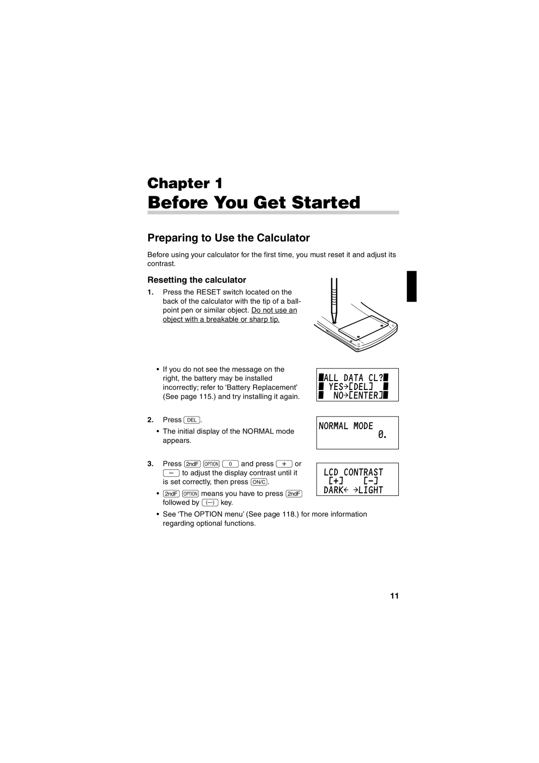 Sharp EL-5230 Before You Get Started, Preparing to Use the Calculator, LCD Contrast Dark ¬LIGHT, Resetting the calculator 