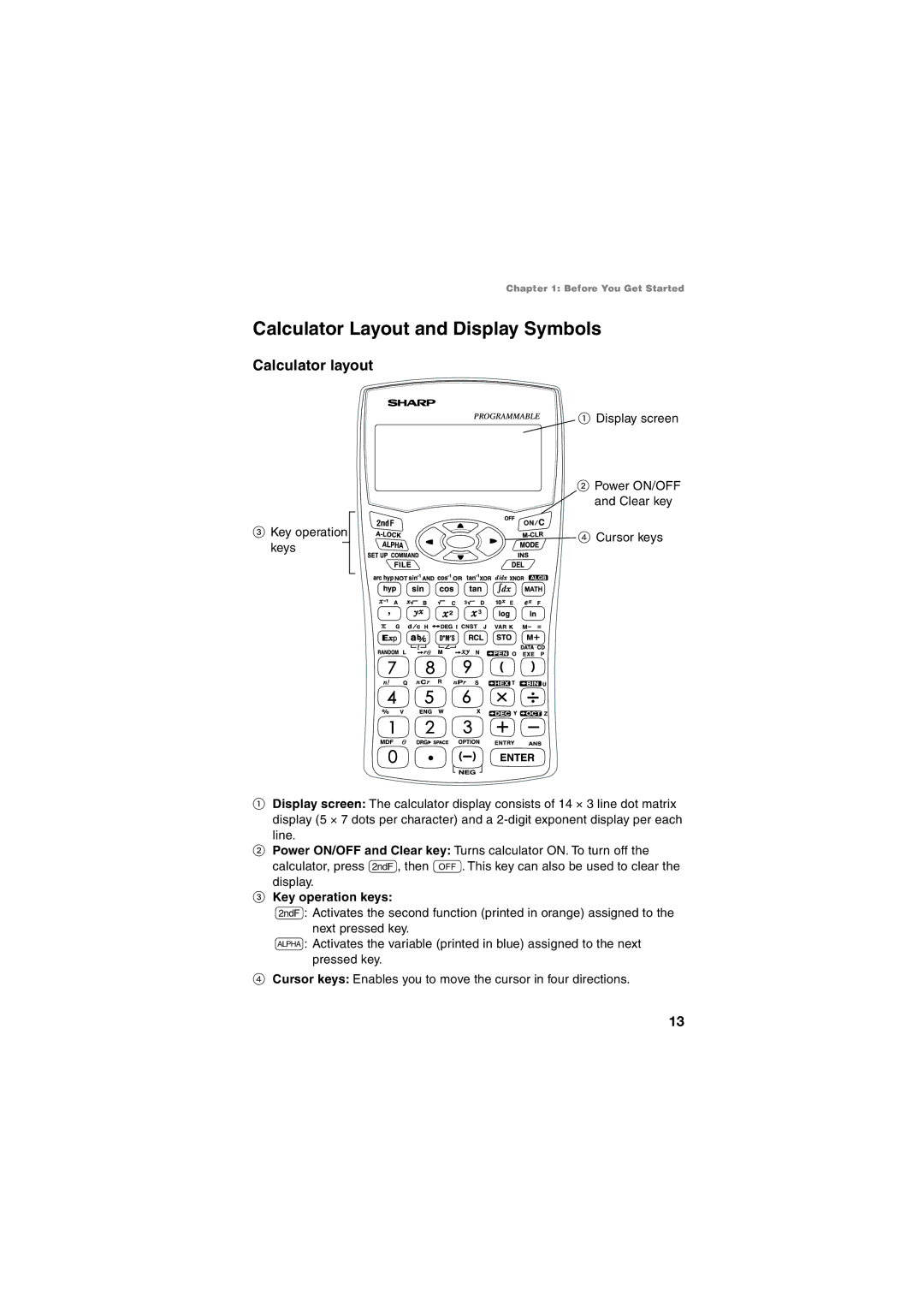 Sharp EL-5230, EL-5250 operation manual Calculator Layout and Display Symbols, Calculator layout, Key operation keys 