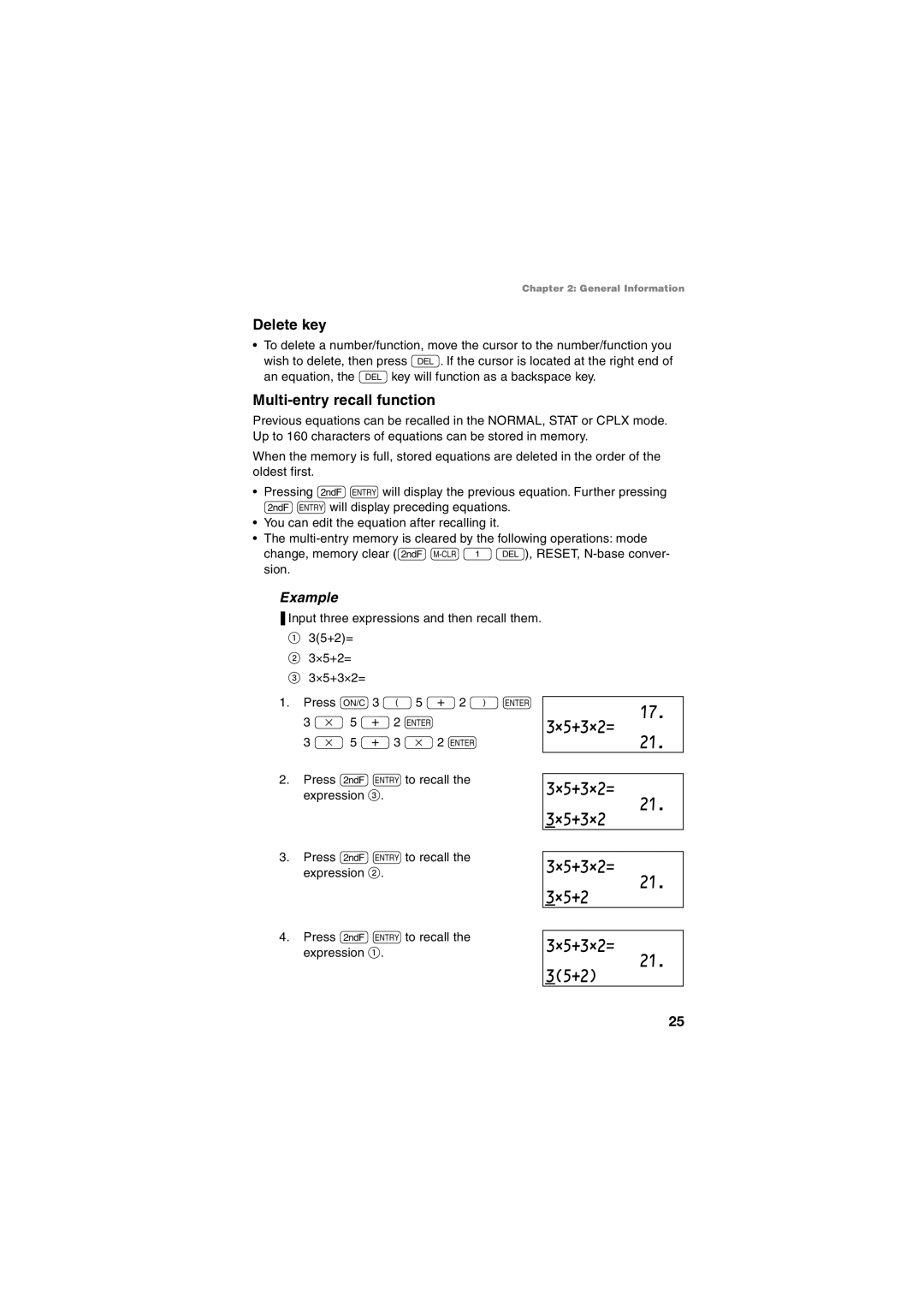 Sharp EL-5230, EL-5250 operation manual ˚5+3˚2= 21 ˚5+3˚2, ˚5+3˚2= 21 ˚5+2 35+2, Delete key, Multi-entry recall function 