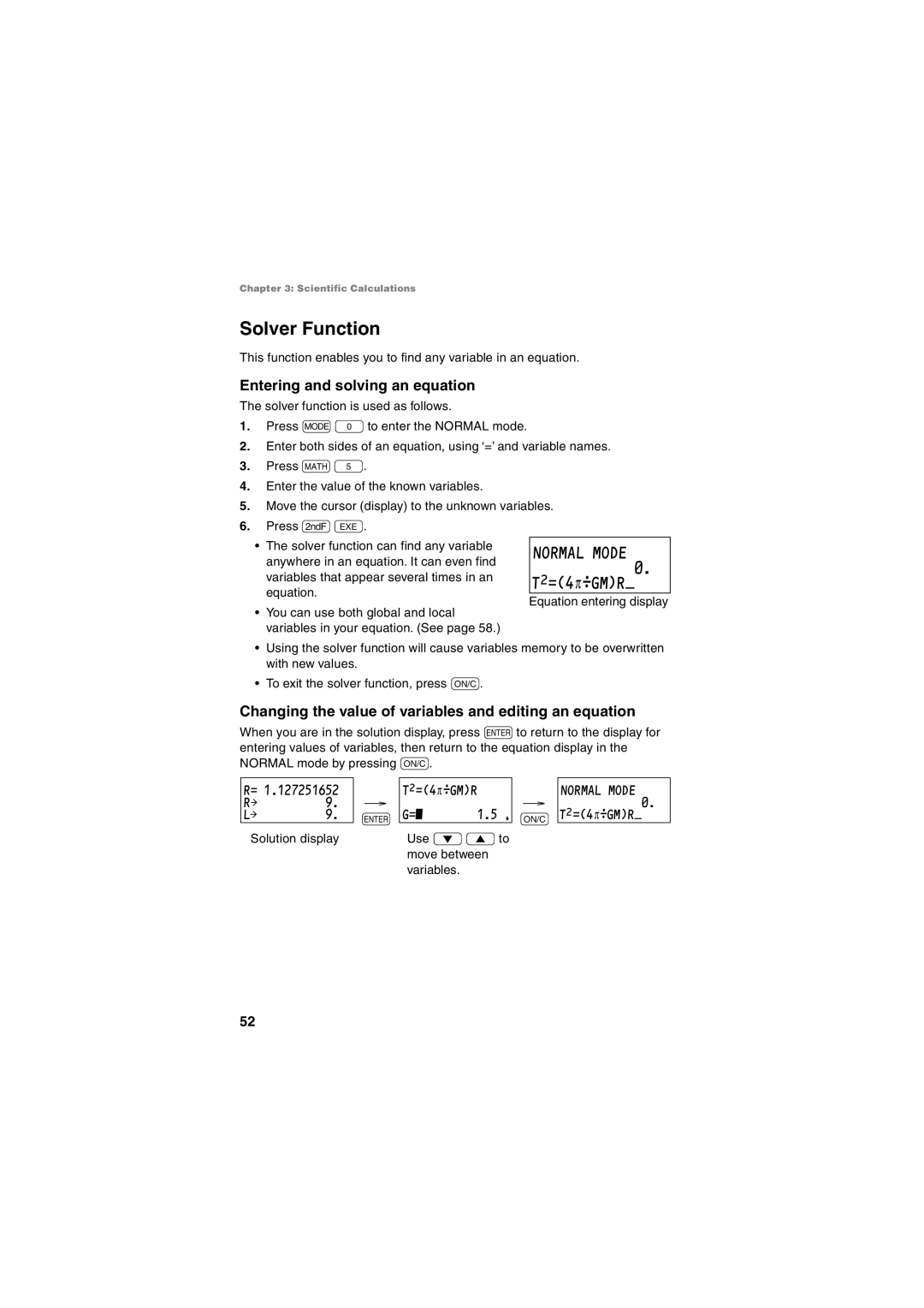 Sharp EL-5250, EL-5230 operation manual Solver Function, TŒ=4πGMR, Entering and solving an equation 