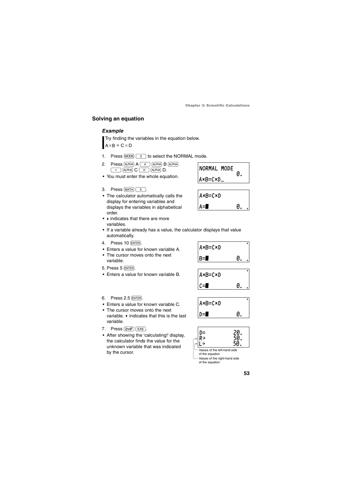 Sharp EL-5230, EL-5250 operation manual ˚B=C˚D, Solving an equation 