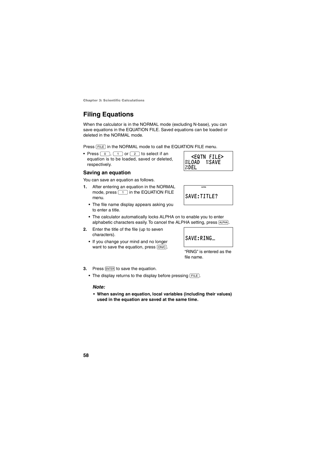 Sharp EL-5250, EL-5230 Filing Equations, Eqtn File ƒLOAD ⁄SAVE ¤DEL, Savetitle?, Savering, Saving an equation 