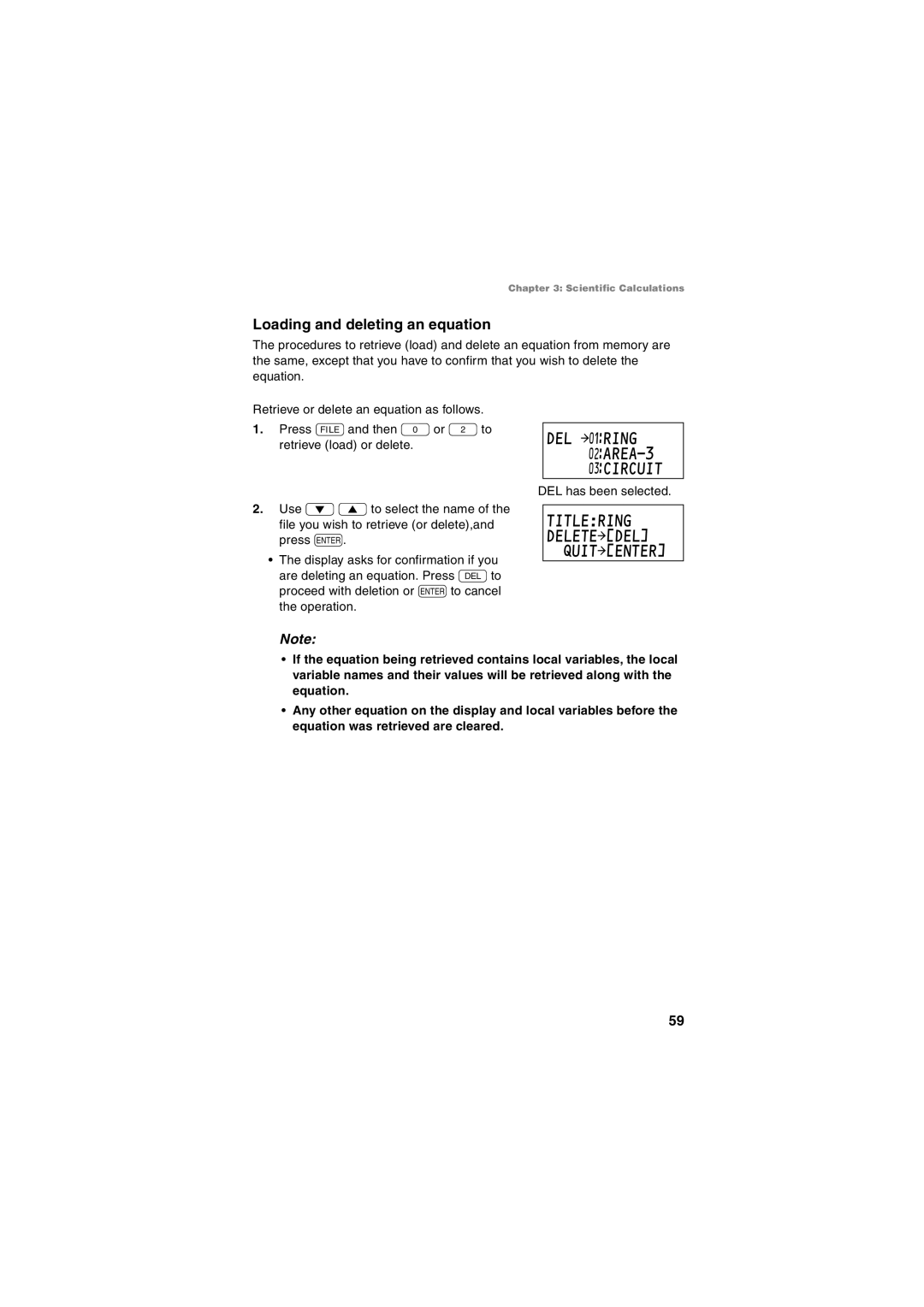 Sharp EL-5230, EL-5250 operation manual Loading and deleting an equation, Titlering DELETE¬DEL QUIT¬ENTER 