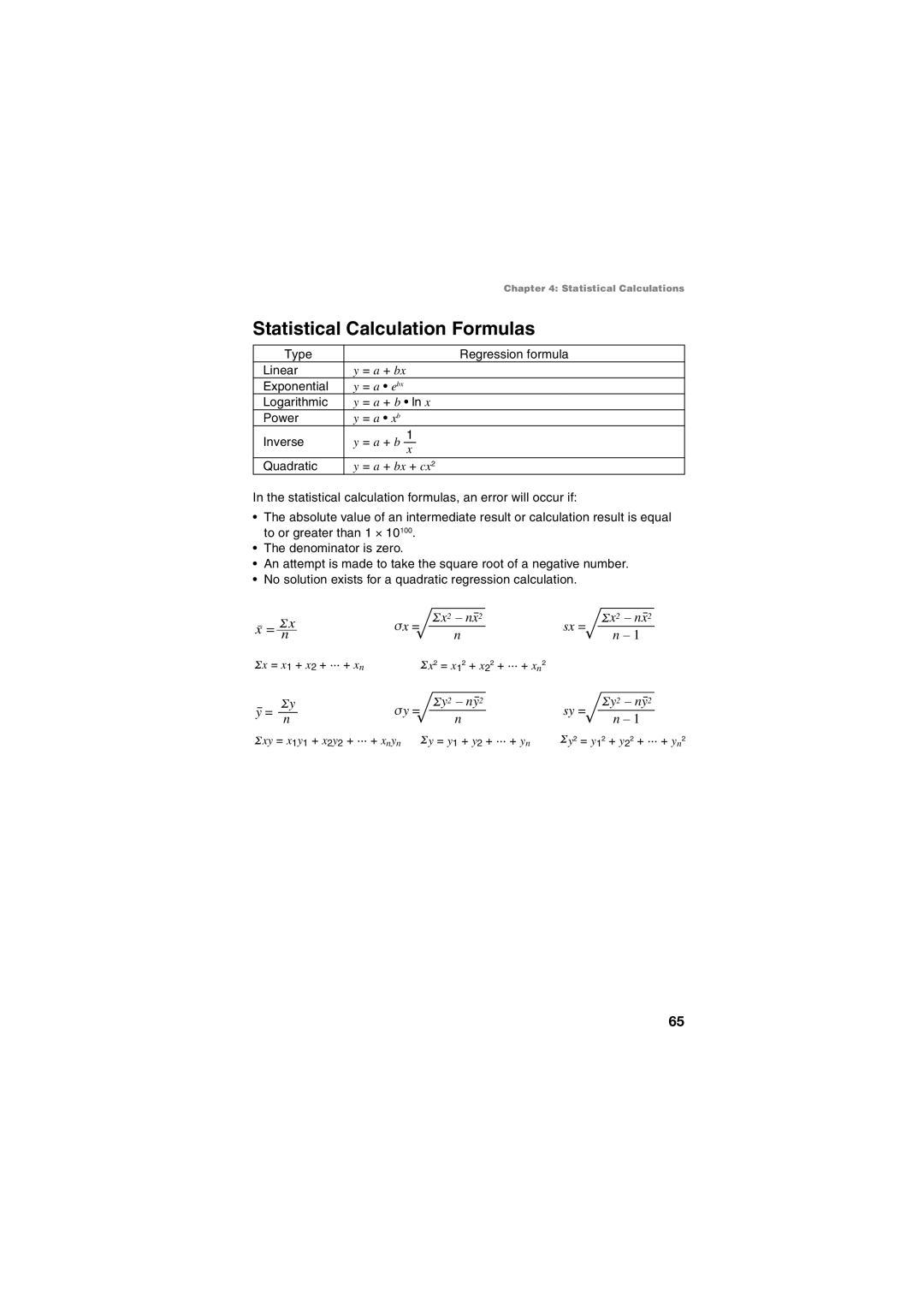 Sharp EL-5230, EL-5250 operation manual Statistical Calculation Formulas, Σy 2 ny Sy = 