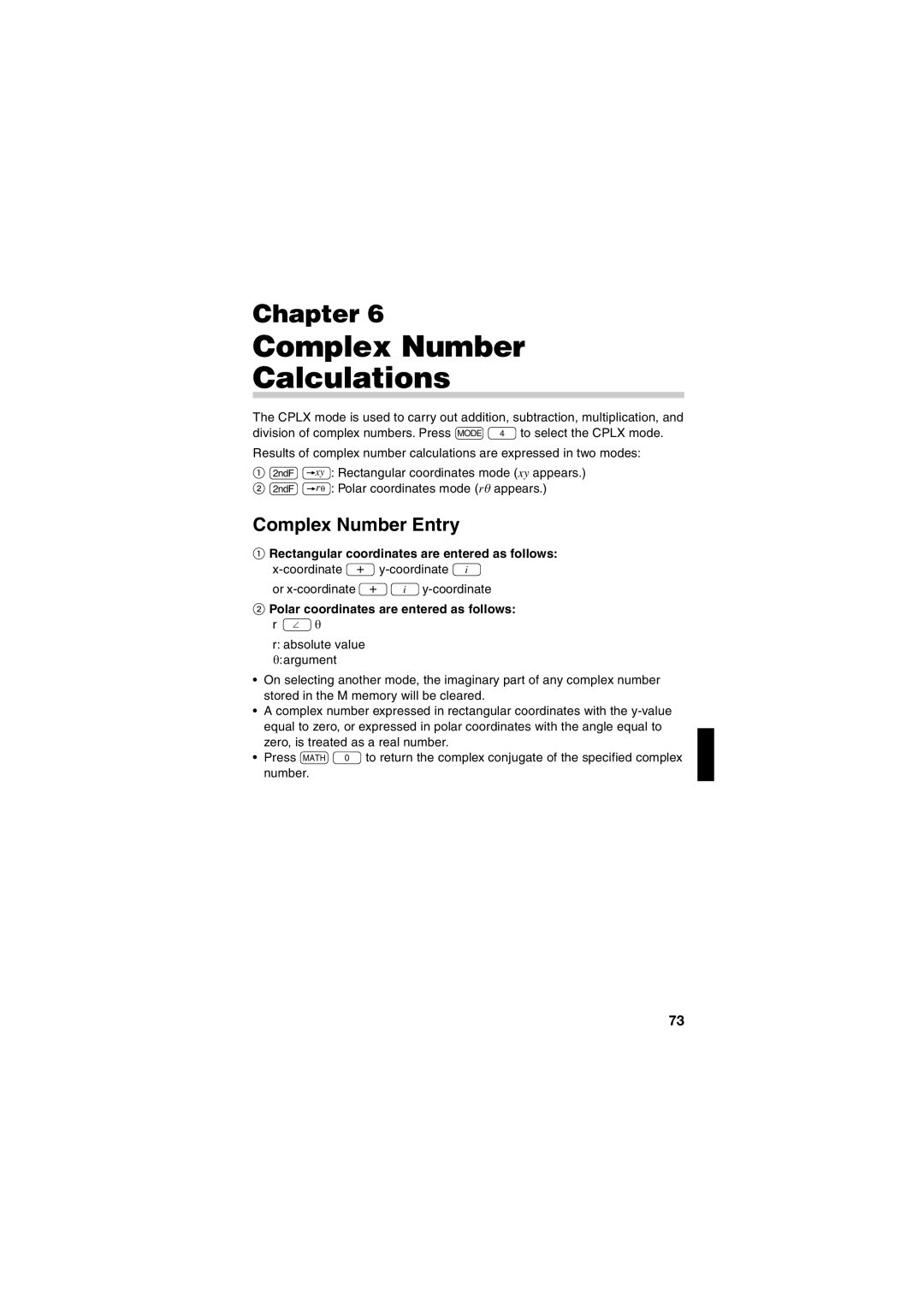 Sharp EL-5230, EL-5250 Complex Number Calculations, Complex Number Entry, Rectangular coordinates are entered as follows 