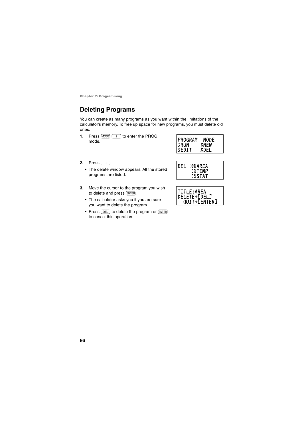 Sharp EL-5250, EL-5230 operation manual Deleting Programs, Program Mode ƒRUN ⁄NEW ¤EDIT ‹DEL 