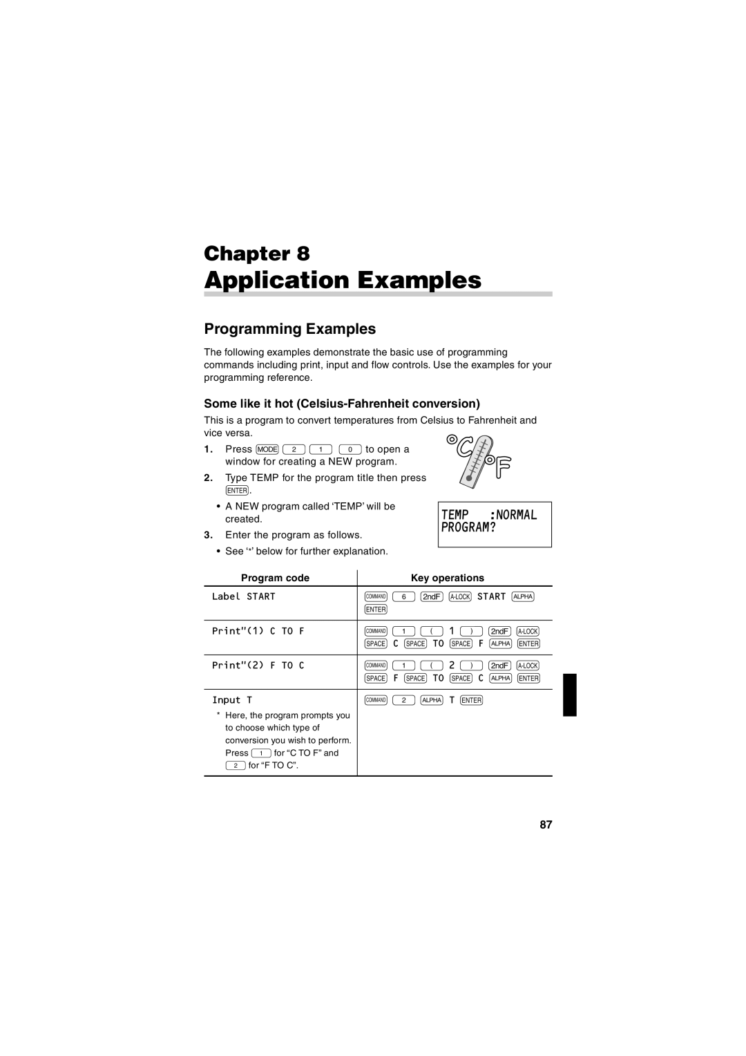 Sharp EL-5230, EL-5250 Application Examples, Programming Examples, Some like it hot Celsius-Fahrenheit conversion 