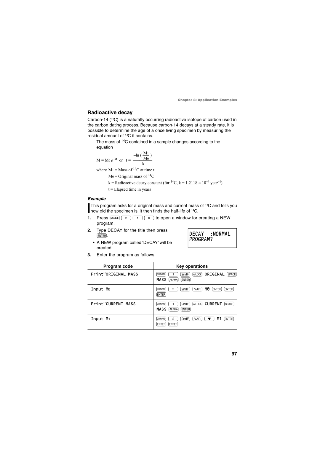 Sharp EL-5230, EL-5250 operation manual Radioactive decay, Decay Normal PROGRAM? 